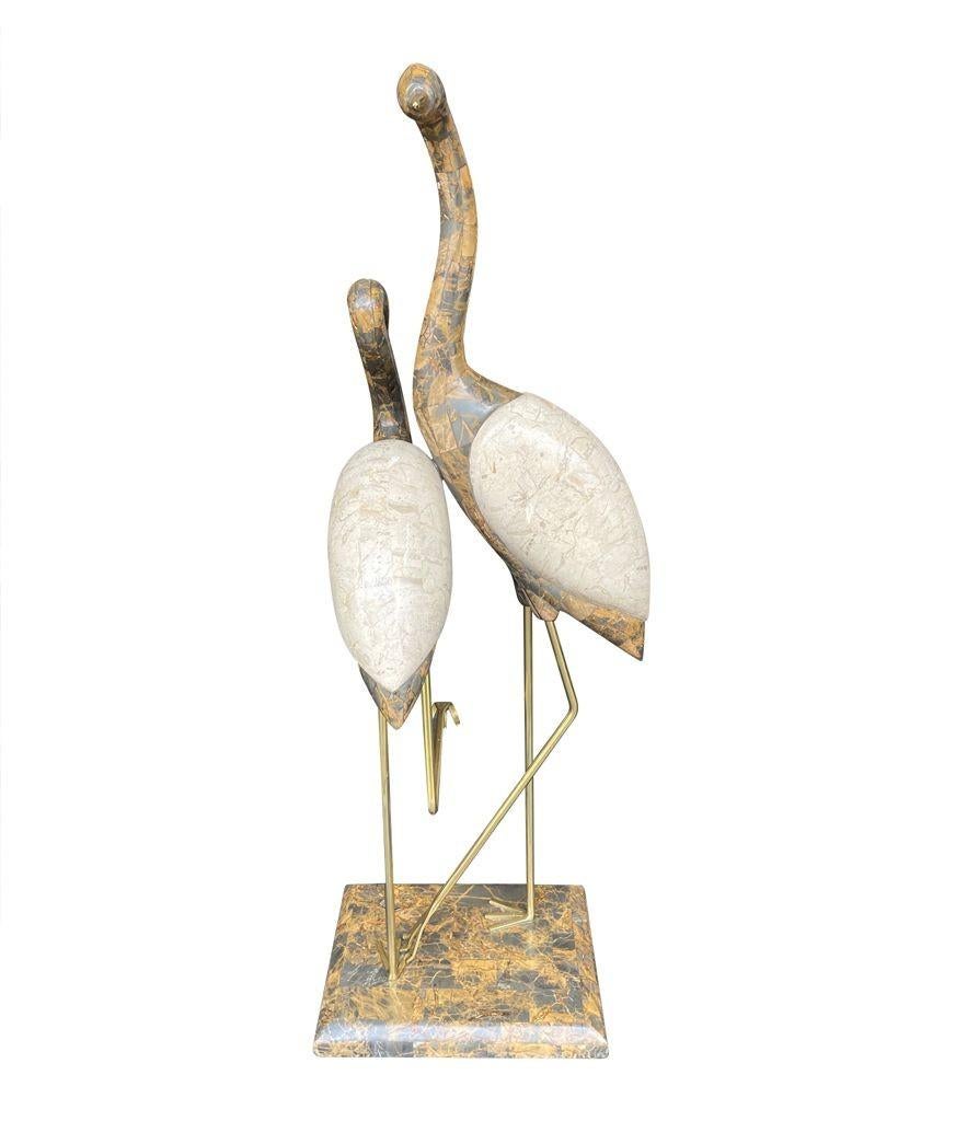 A large pair of Maitland Smith tessellated marble and brass flamingo sculptures 4