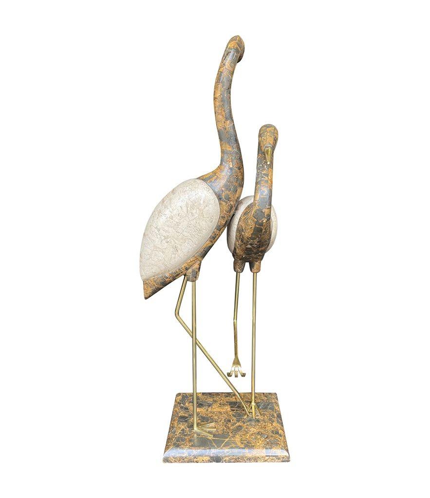 A large pair of Maitland Smith tessellated marble and brass flamingo sculptures 7