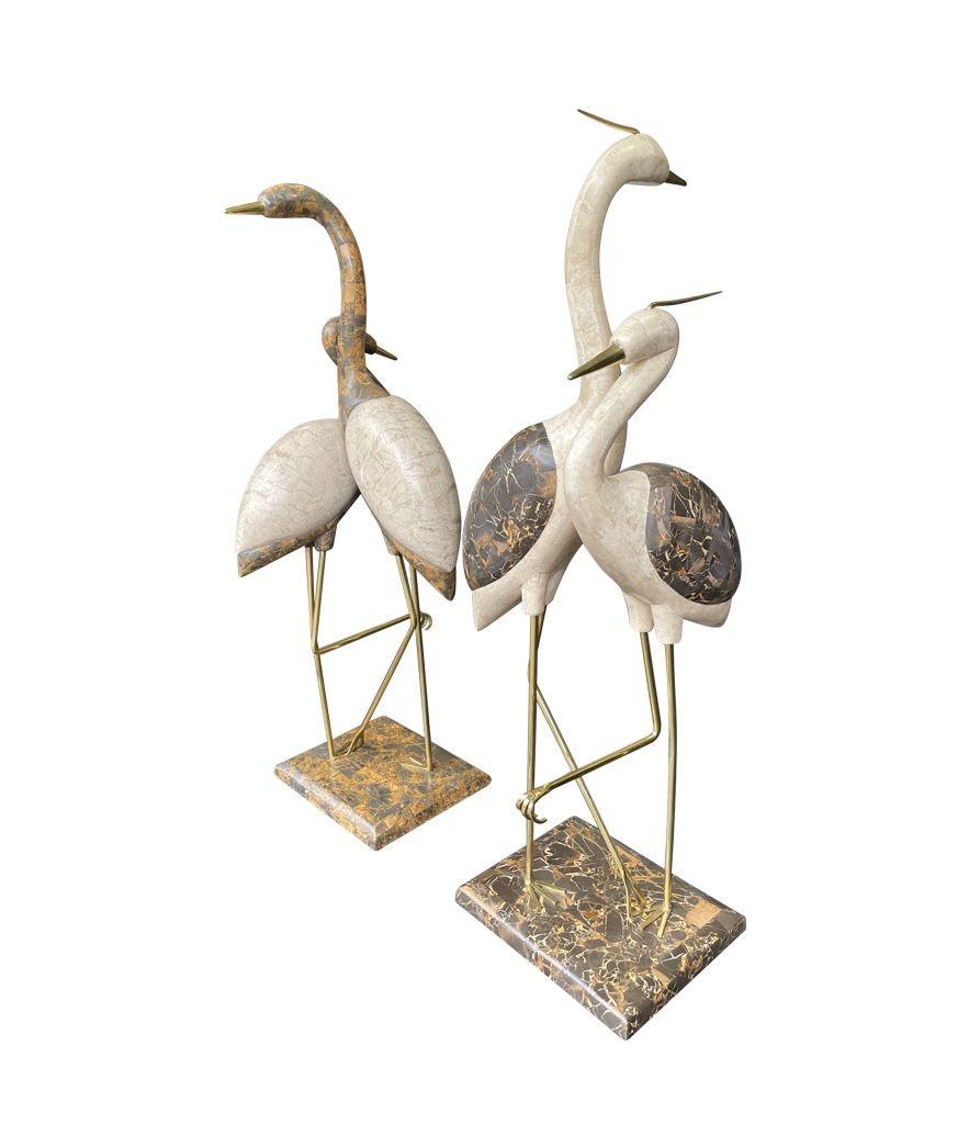 A large pair of Maitland Smith tessellated marble and brass flamingo sculptures 11