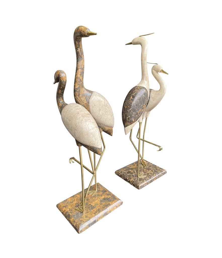 A large pair of Maitland Smith tessellated marble and brass flamingo sculptures 12