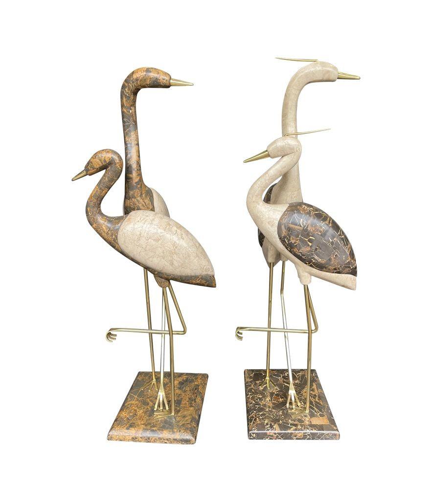 A large pair of Maitland Smith tessellated marble and brass flamingo sculptures 13