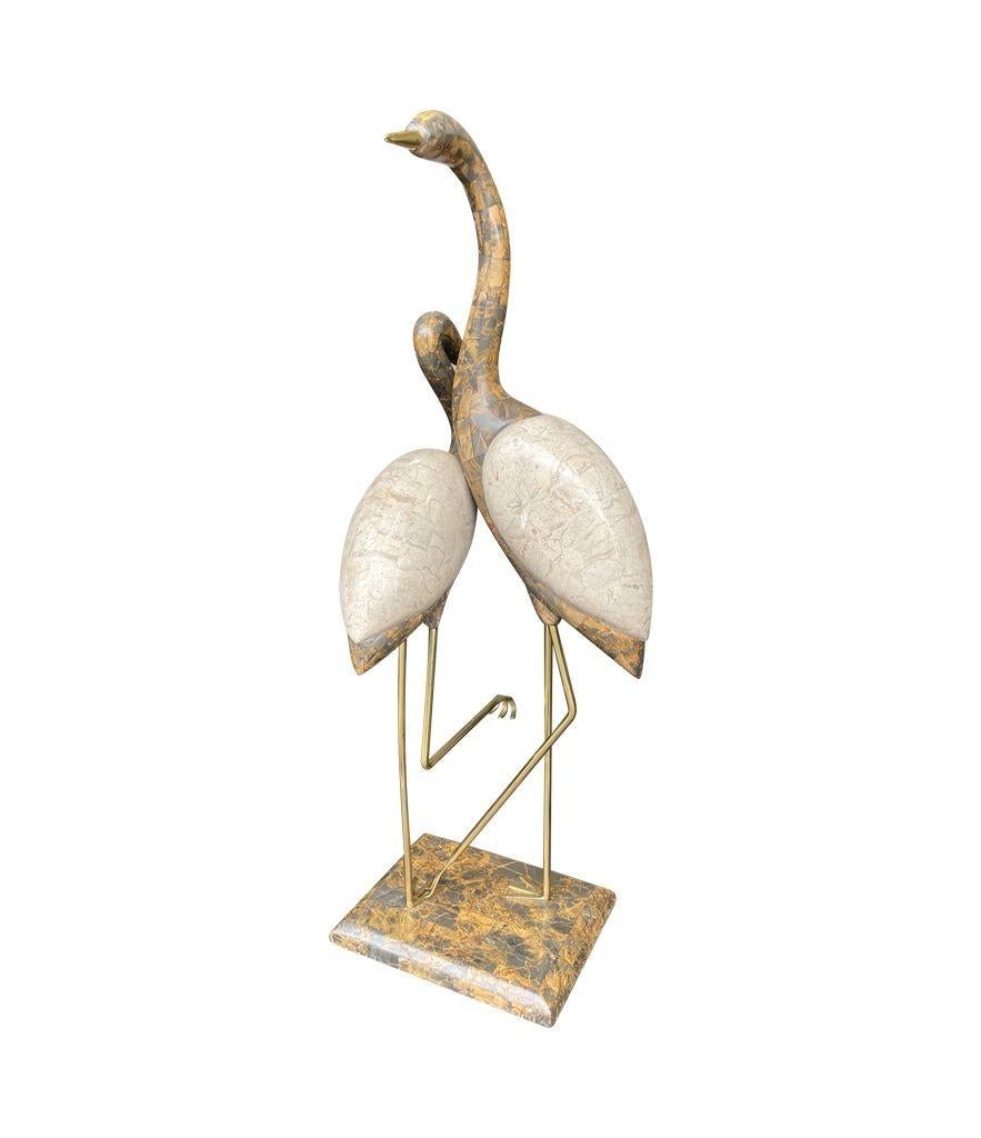 A large pair of Maitland Smith tessellated marble and brass flamingo sculptures In Good Condition In London, GB