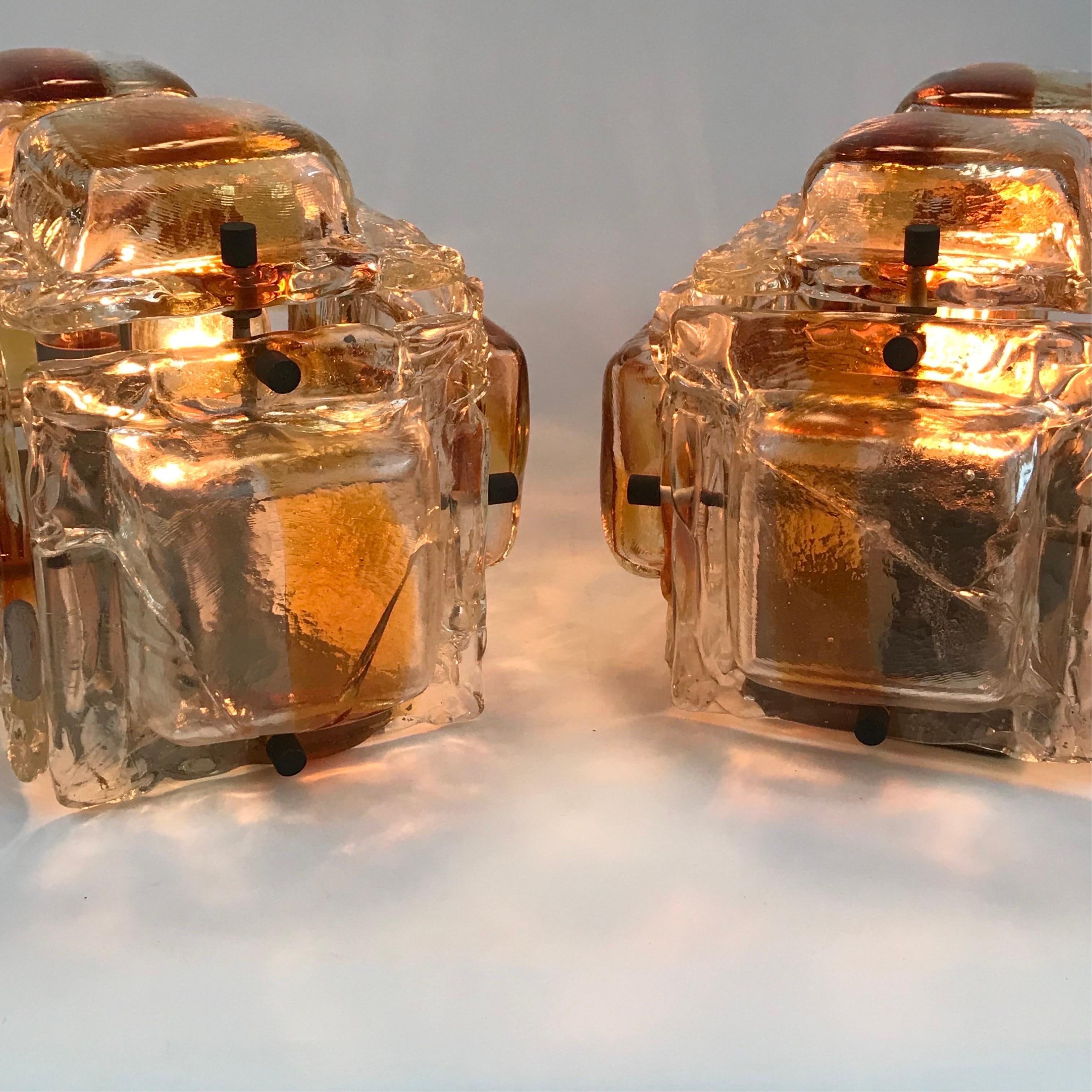 Large Pair of Mazzega Amber and Clear Glass Sconces For Sale 4