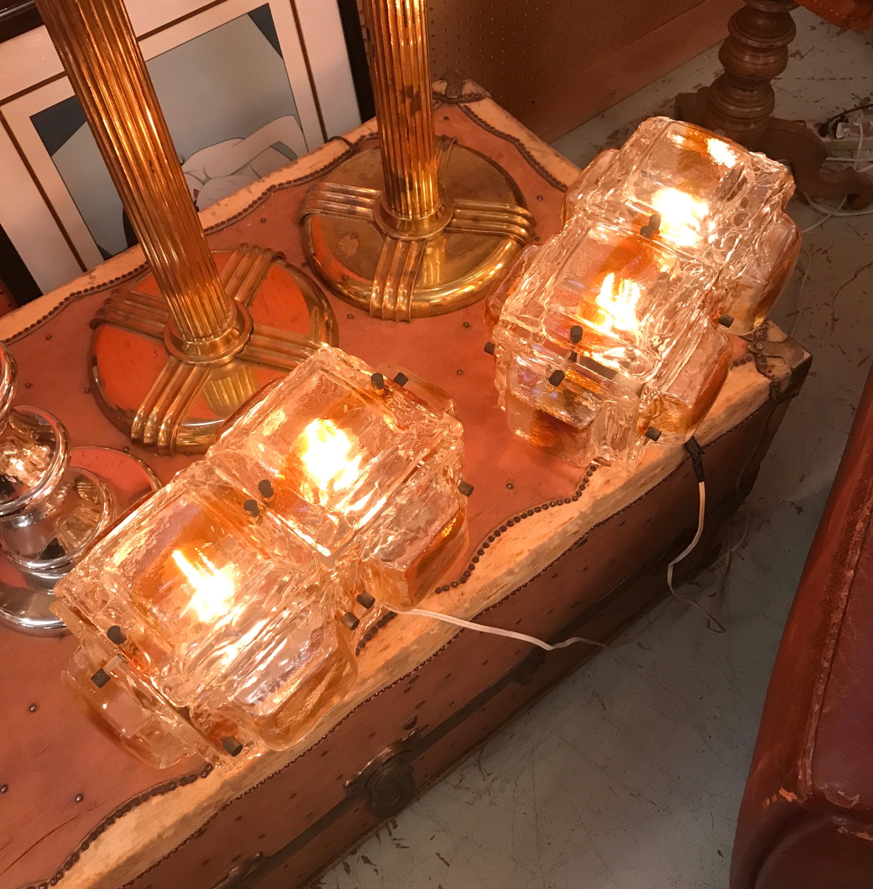 Large Pair of Mazzega Amber and Clear Glass Sconces For Sale 8