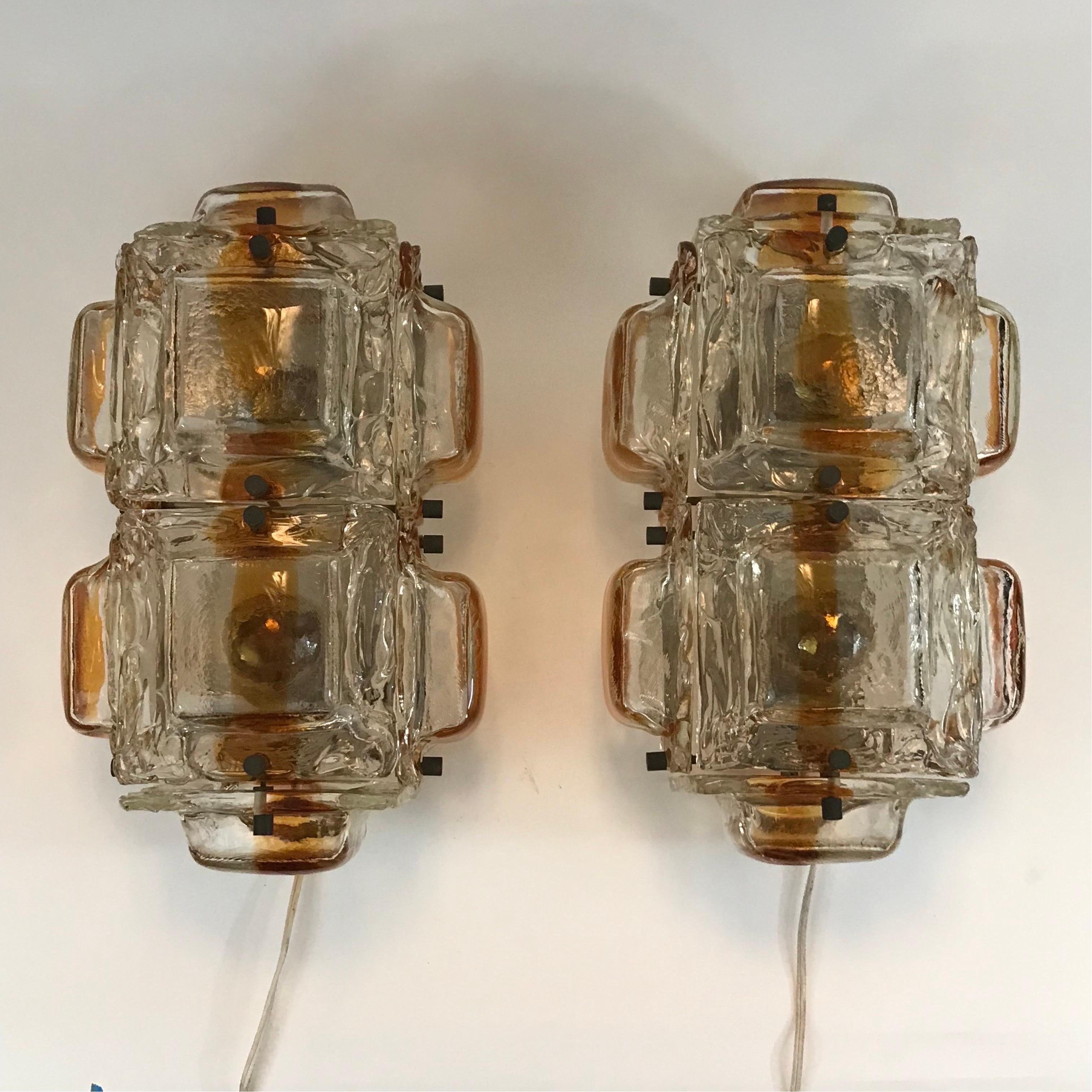 Mid-Century Modern Large Pair of Mazzega Amber and Clear Glass Sconces For Sale
