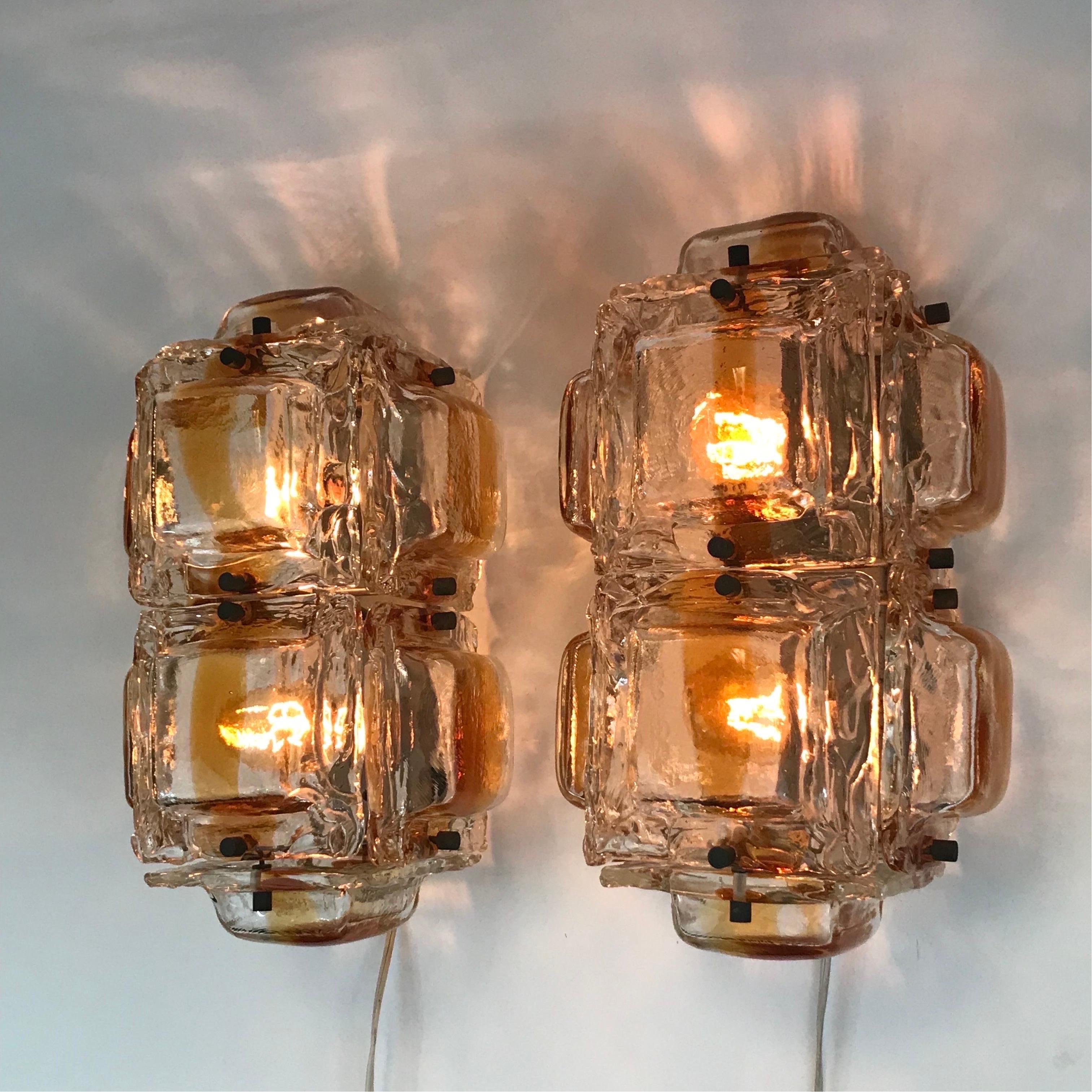 Italian Large Pair of Mazzega Amber and Clear Glass Sconces For Sale