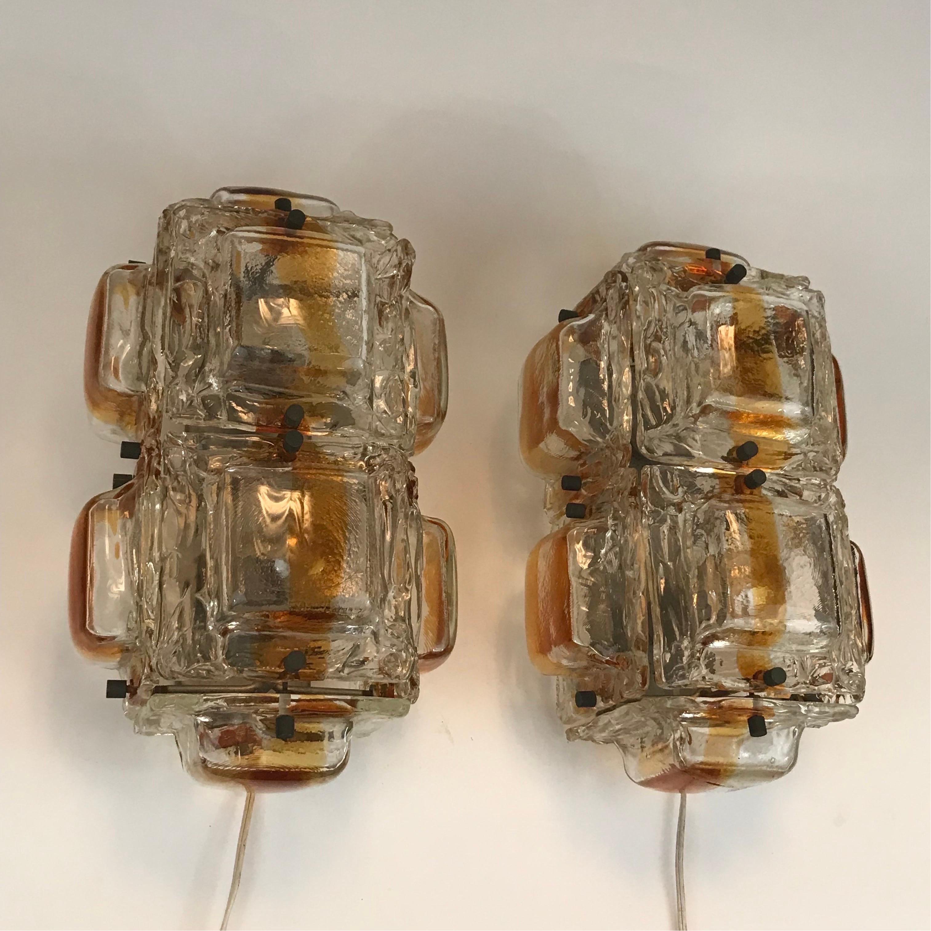Other Large Pair of Mazzega Amber and Clear Glass Sconces For Sale