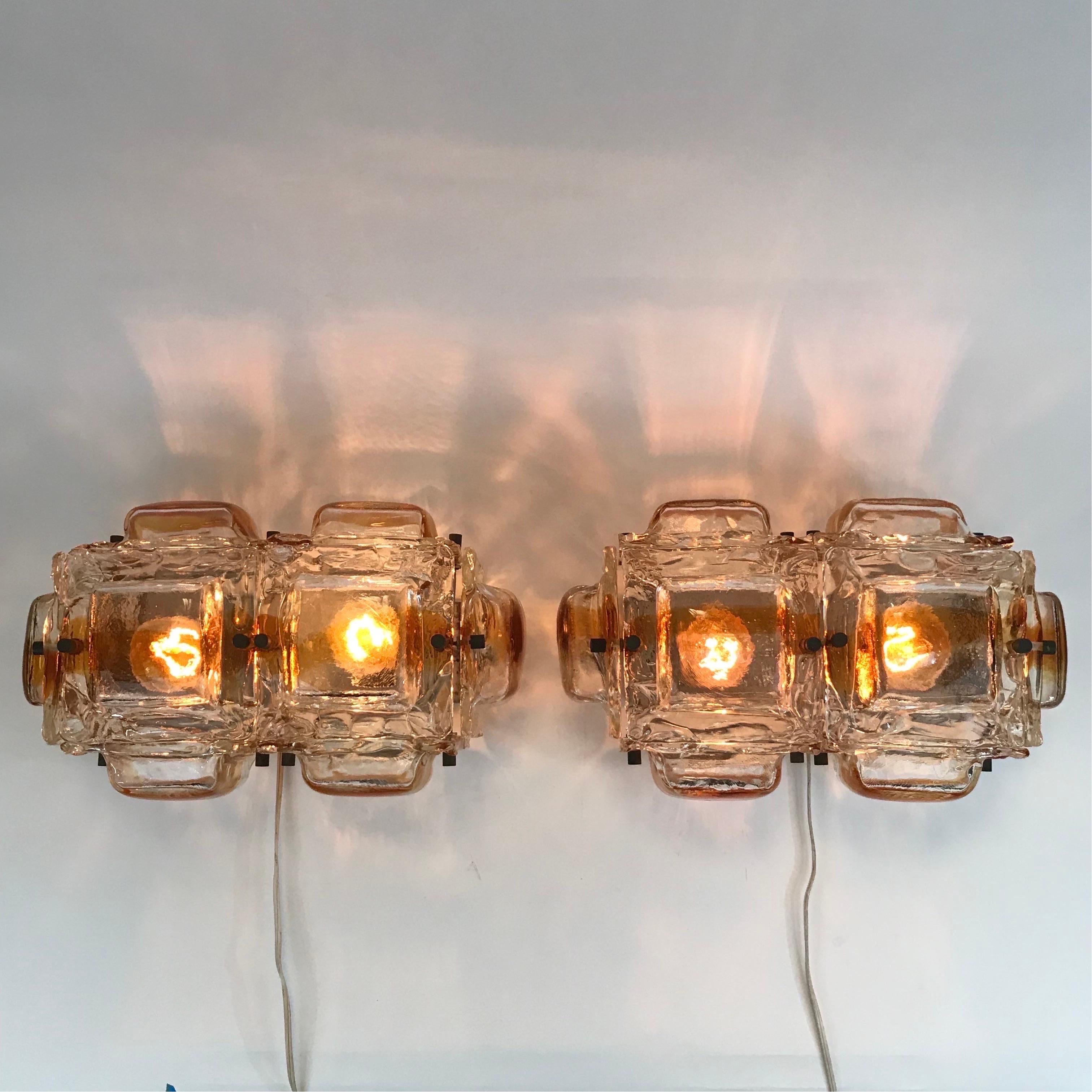 Large Pair of Mazzega Amber and Clear Glass Sconces In Good Condition For Sale In Fort mill, SC