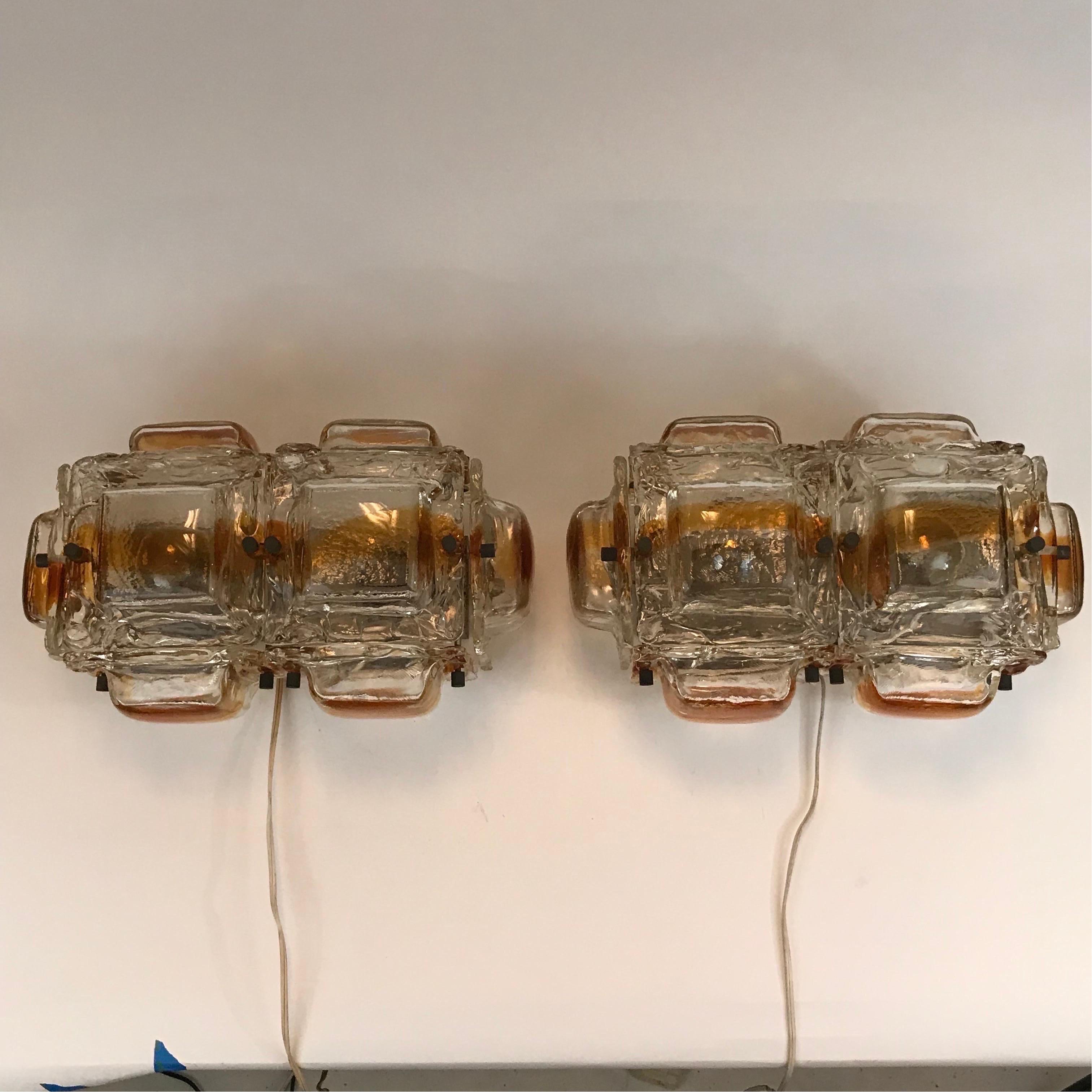 Late 20th Century Large Pair of Mazzega Amber and Clear Glass Sconces For Sale
