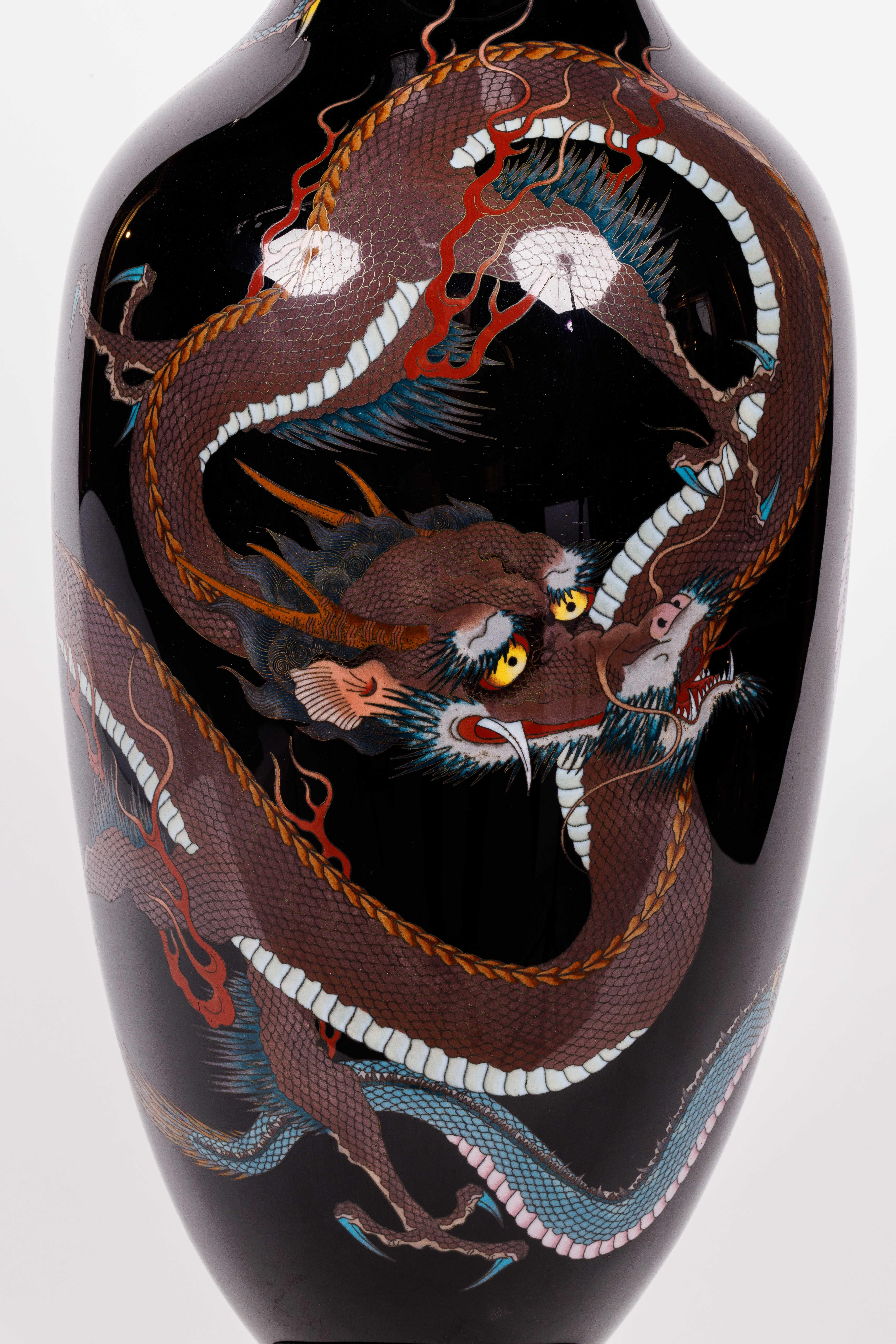 Large Pair of Meiji Period Japanese Cloisonne Enamel Double Dragon Vases For Sale 6