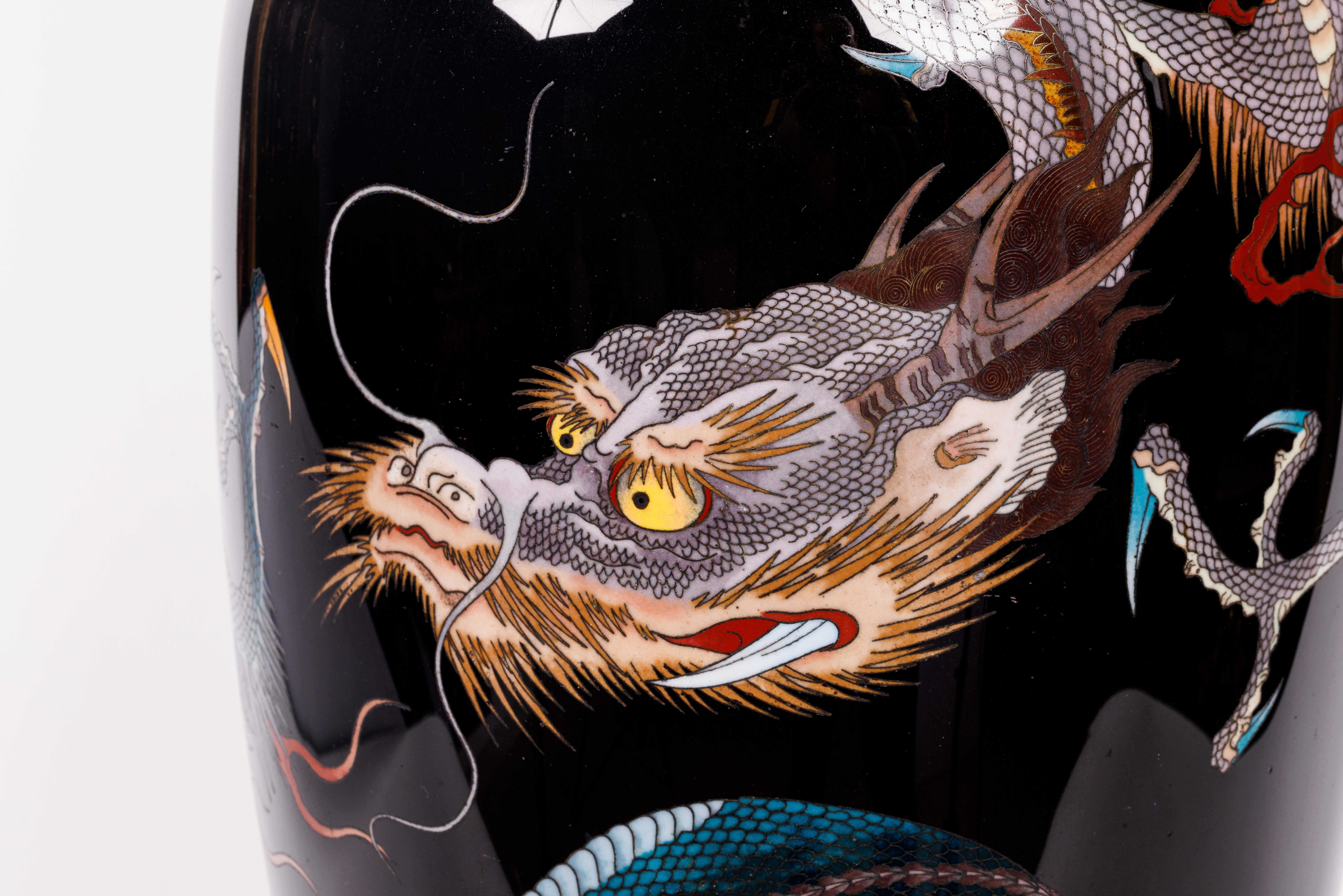 Large Pair of Meiji Period Japanese Cloisonne Enamel Double Dragon Vases For Sale 8