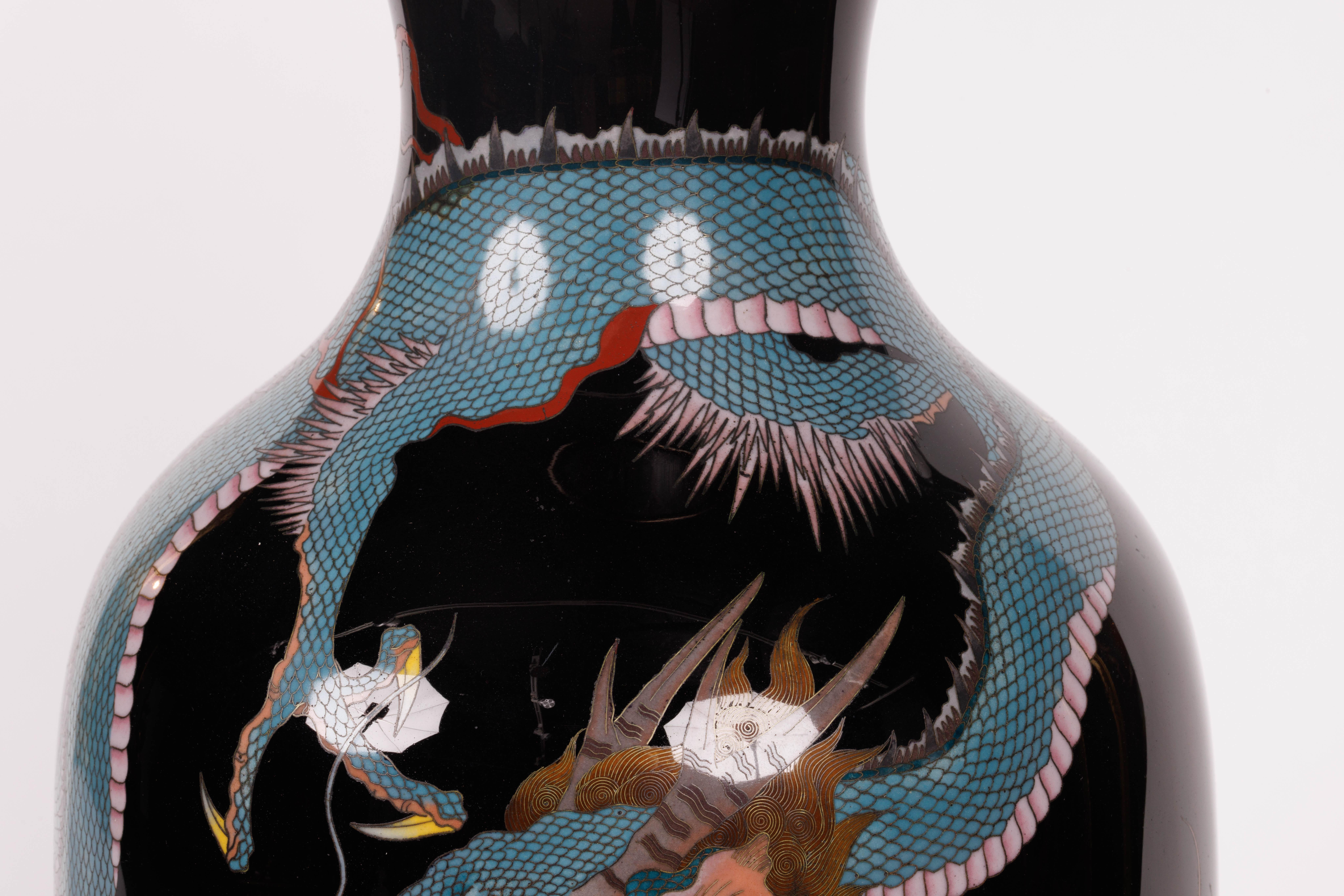 Copper Large Pair of Meiji Period Japanese Cloisonne Enamel Double Dragon Vases For Sale