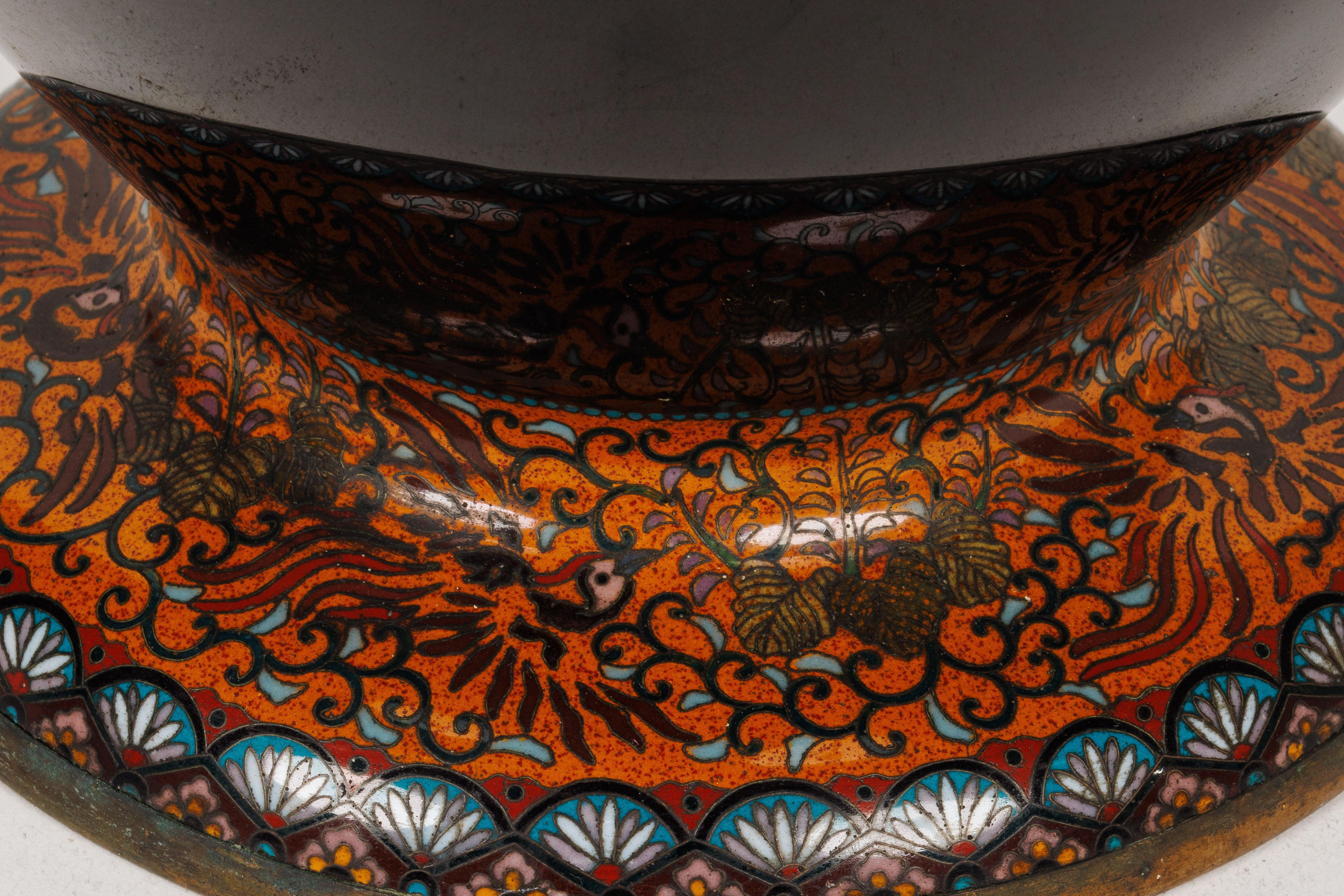Large Pair of Meiji Period Japanese Cloisonne Enamel Double Dragon Vases For Sale 4