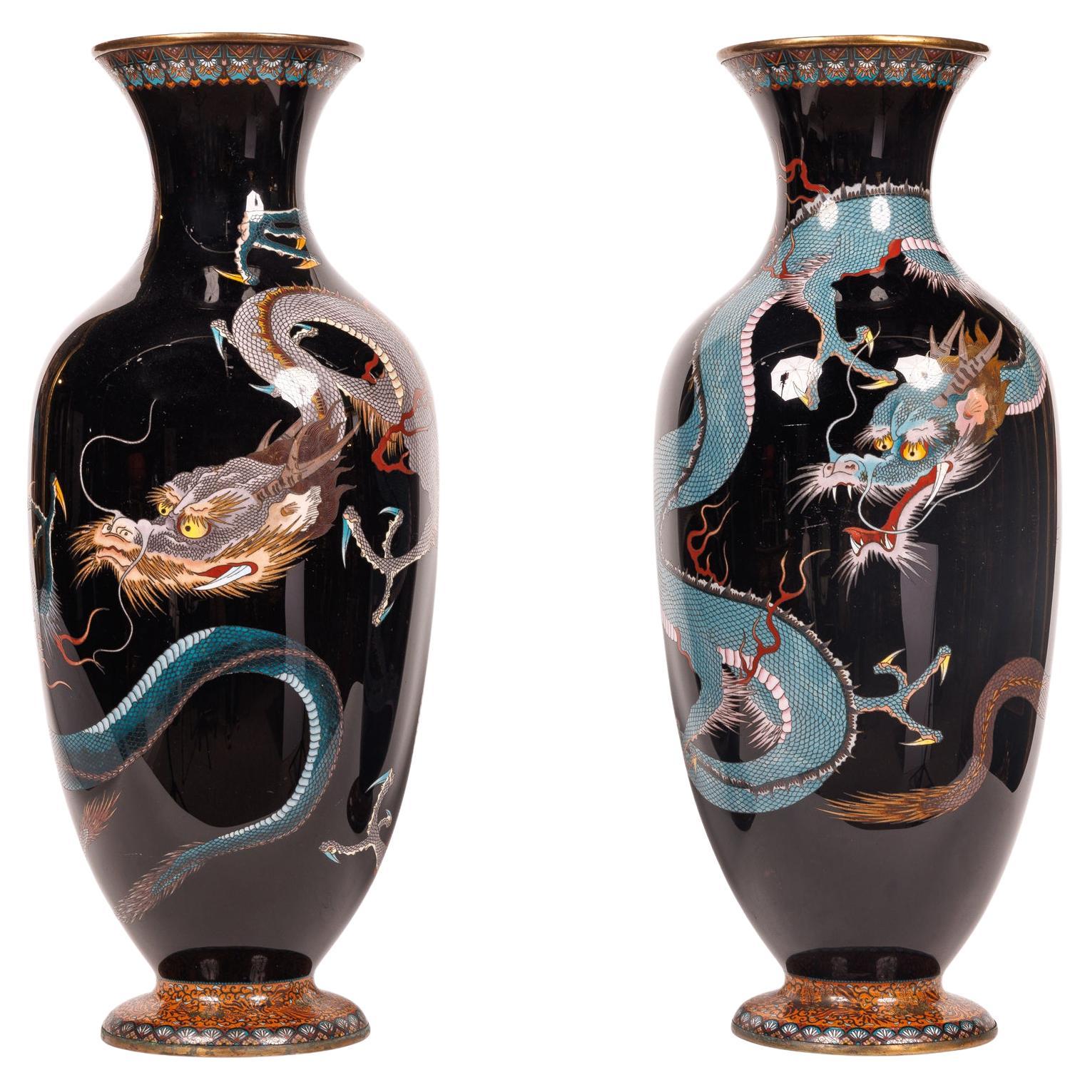 Large Pair of Meiji Period Japanese Cloisonne Enamel Double Dragon Vases For Sale