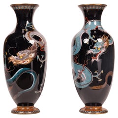 Used Large Pair of Meiji Period Japanese Cloisonne Enamel Double Dragon Vases