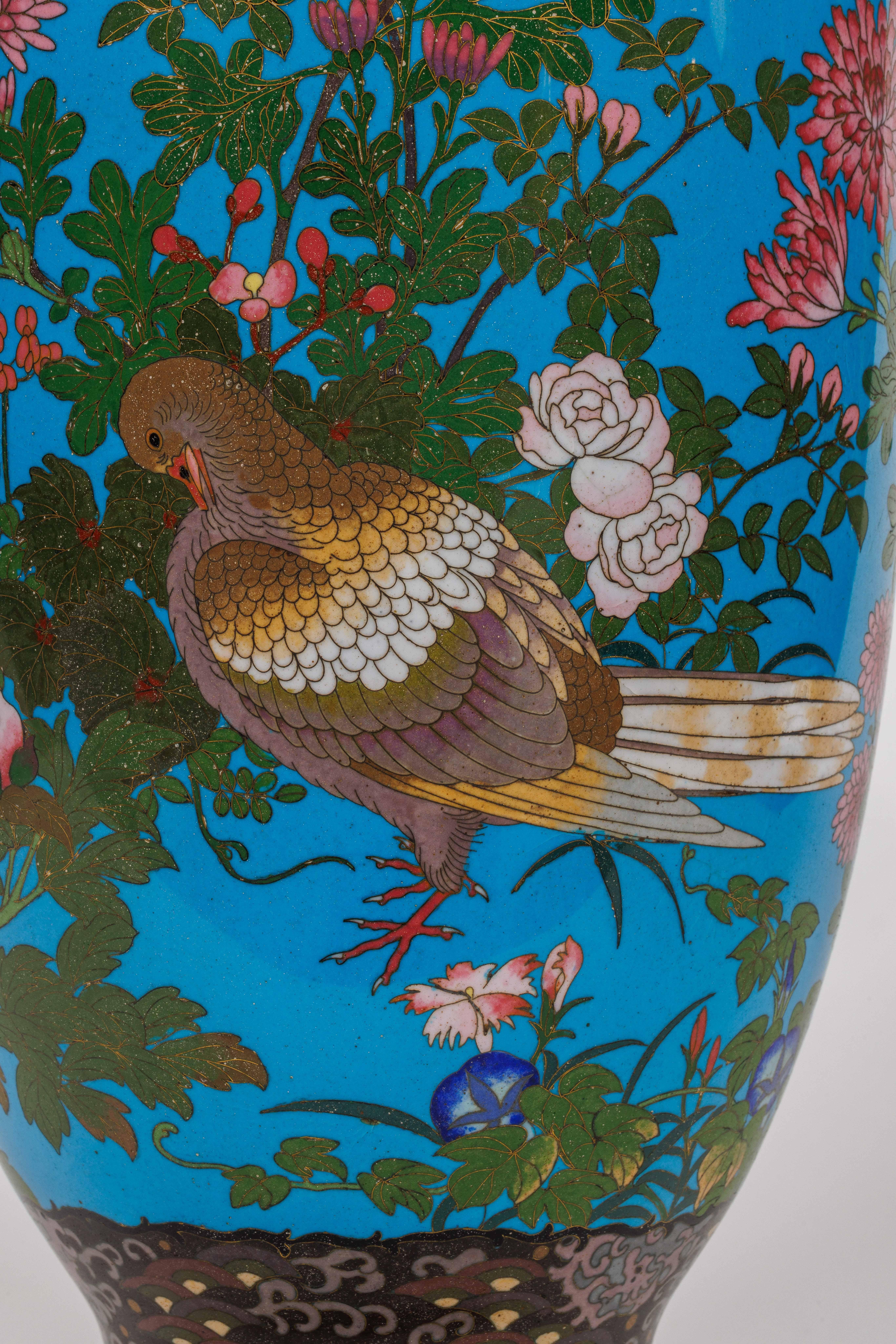 Large Pair of Meiji Period Japanese Cloisonne Enamel Vases Attributed to Goto In Good Condition For Sale In New York, NY