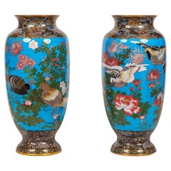 Antique Large Pair of Meiji Period Japanese Cloisonne Enamel Vases Attributed to Goto