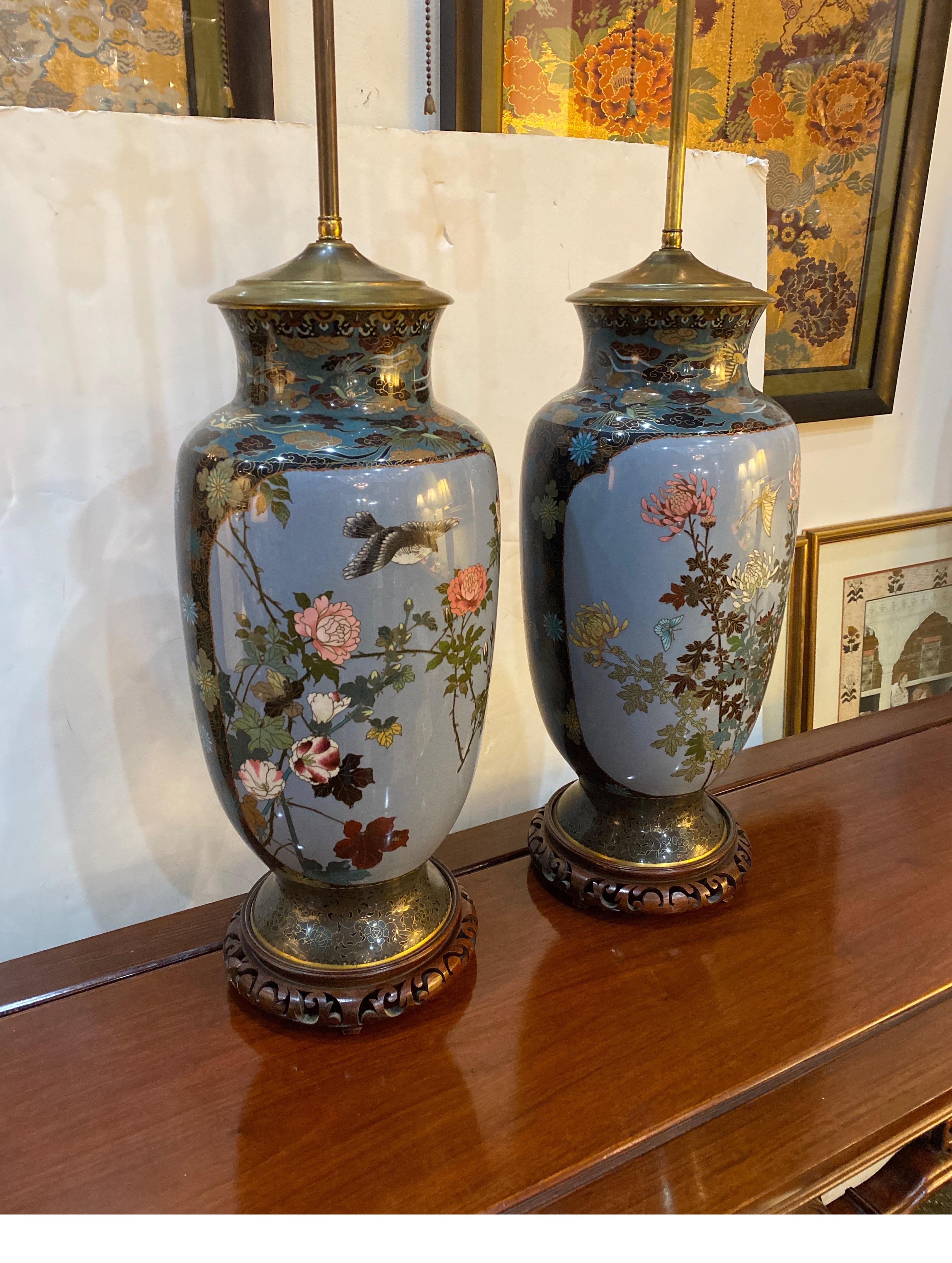 Large Pair of Meiji-Showa Period Japanese Cloisonné Lamps 6