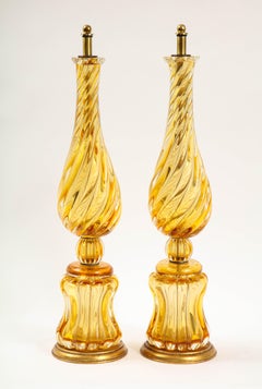 A Large Pair of Mid-Century Modern Amber Colored Italian Murano Crystal Lamps