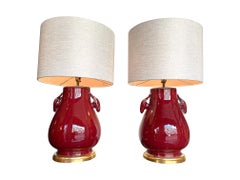 Large Pair of Midcentury Sang De Boeuf Vase Lamps with Rams Head Handles