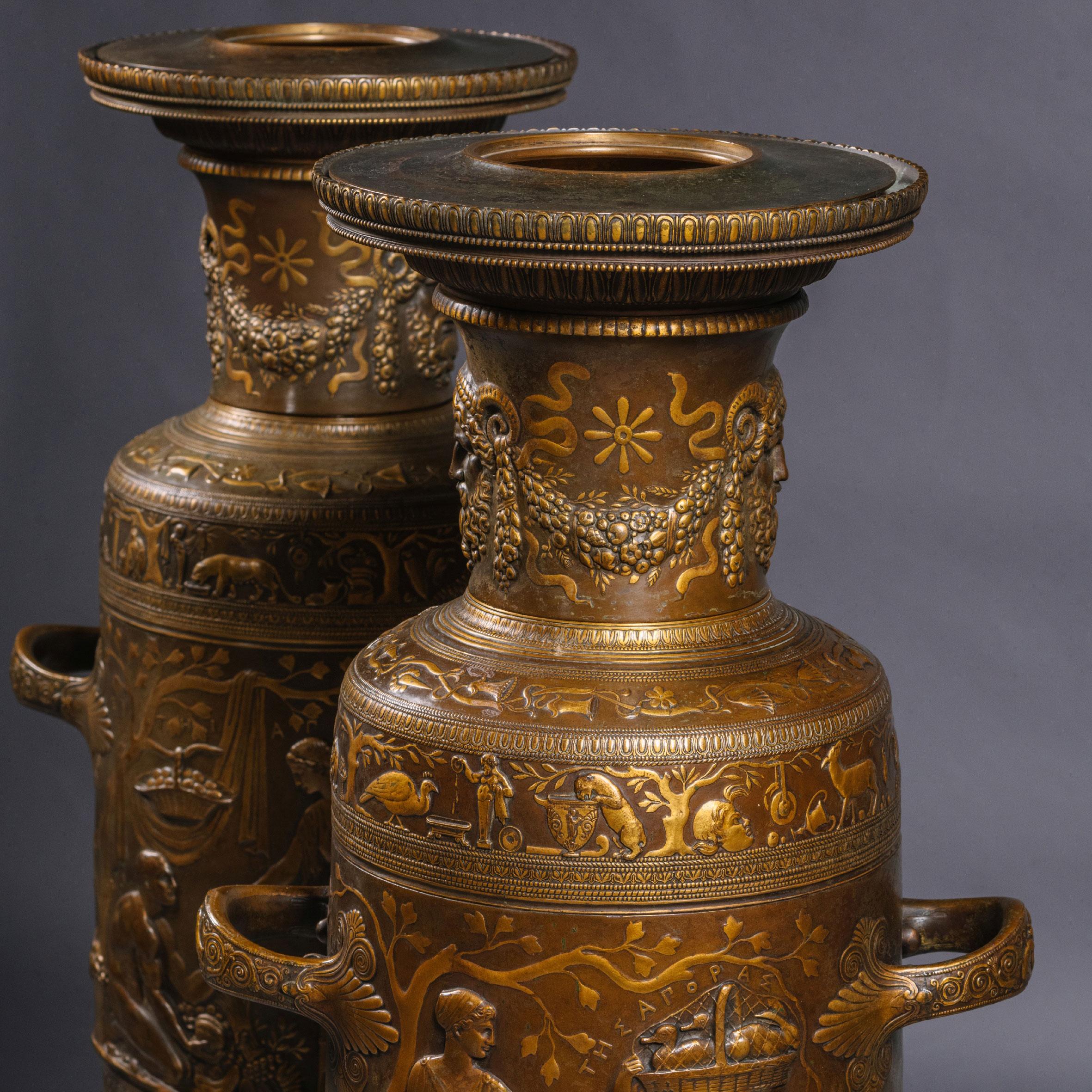 Large Pair of Neo-Grec Gilt and Patinated Bronze Amphora Vases For Sale 4