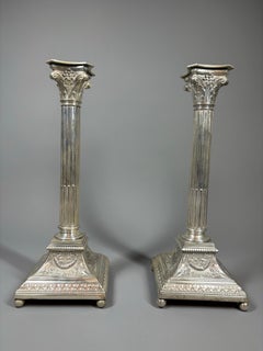 A large pair of Neoclassical silver plate column candlesticks by WMF circa 1895