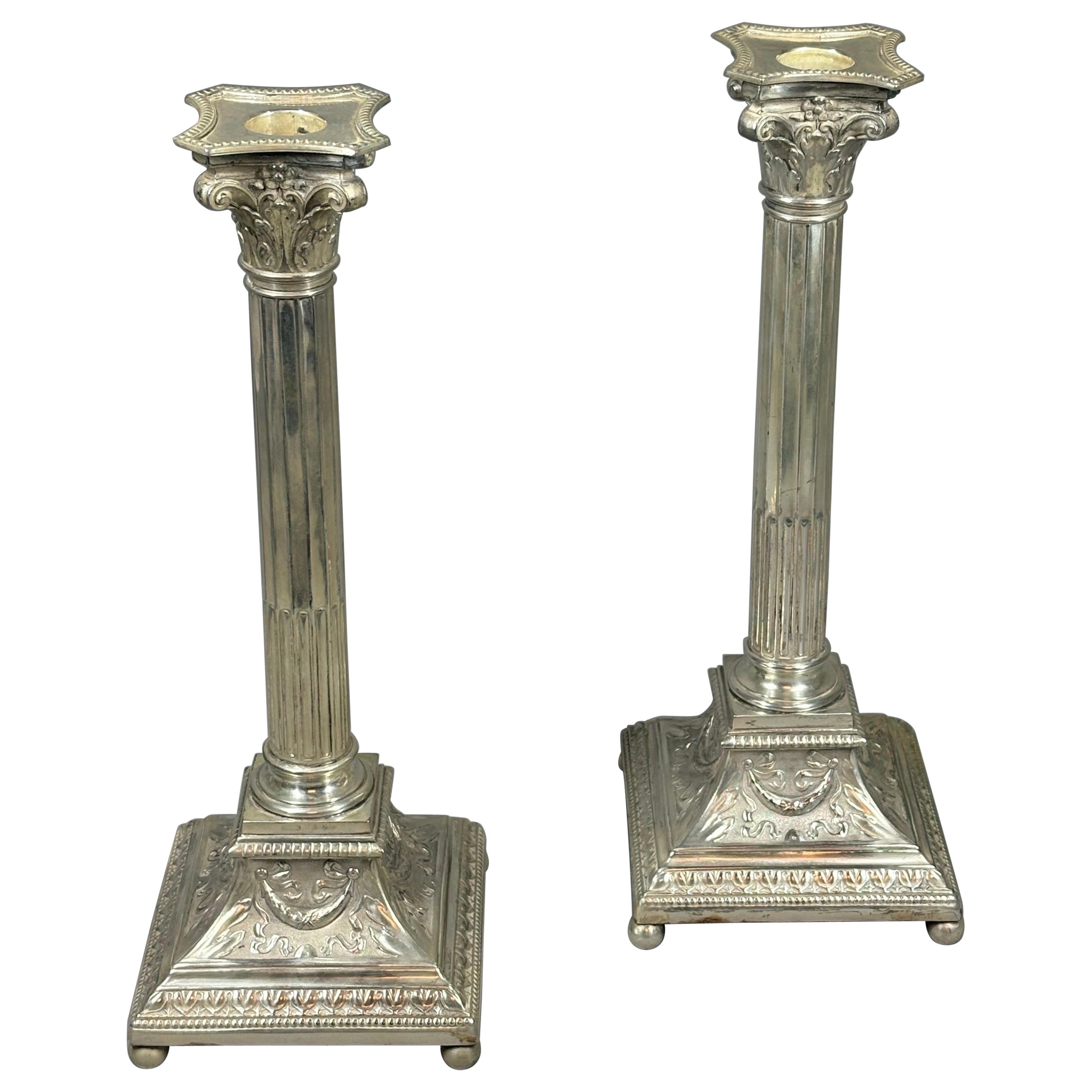 A large pair of Neoclassical silver plate column candlesticks by WMF circa 1895