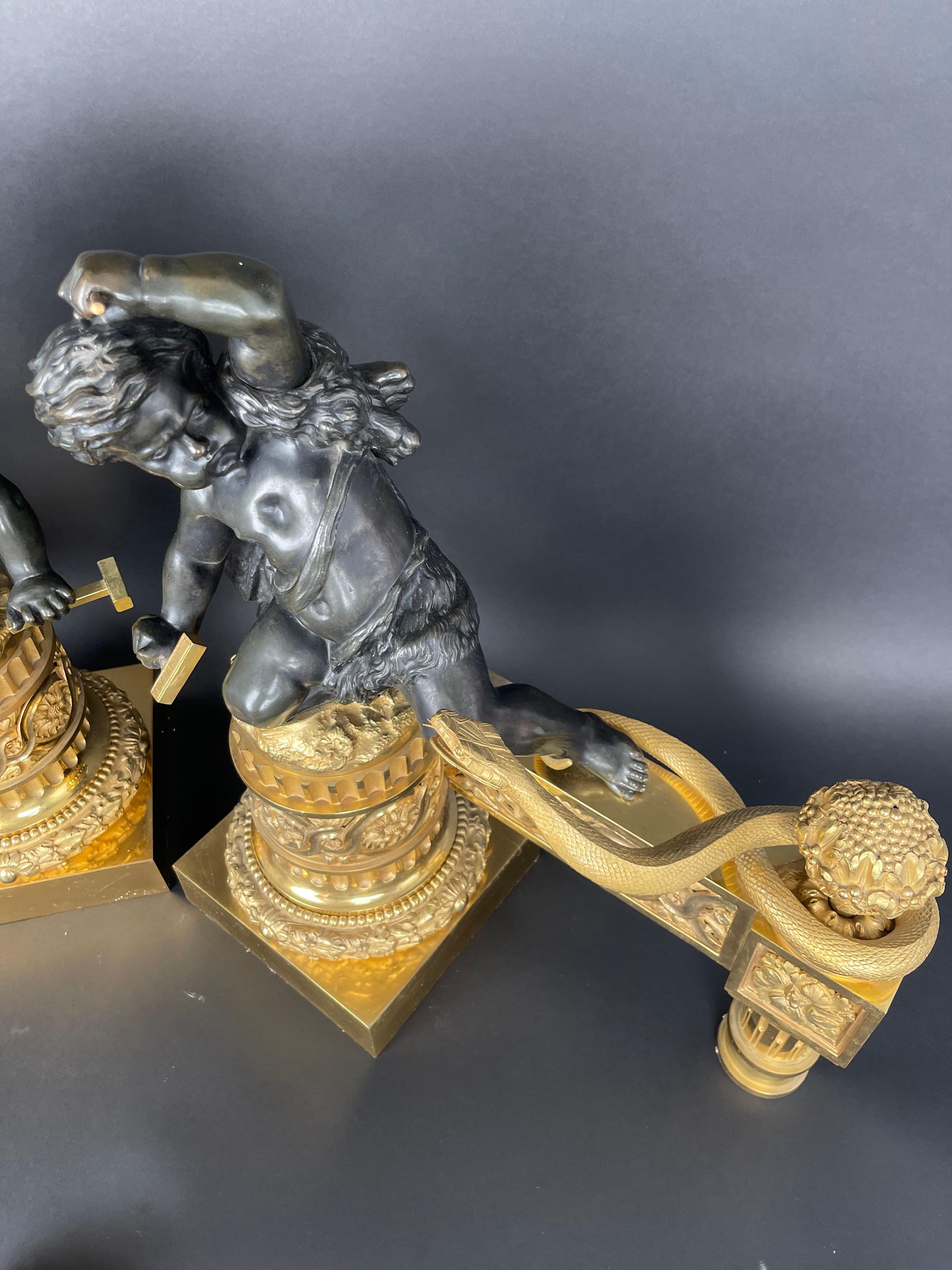 A Large Pair Of Ormolu & Patinated Bronze Chenets By Henry Dasson For Sale 3