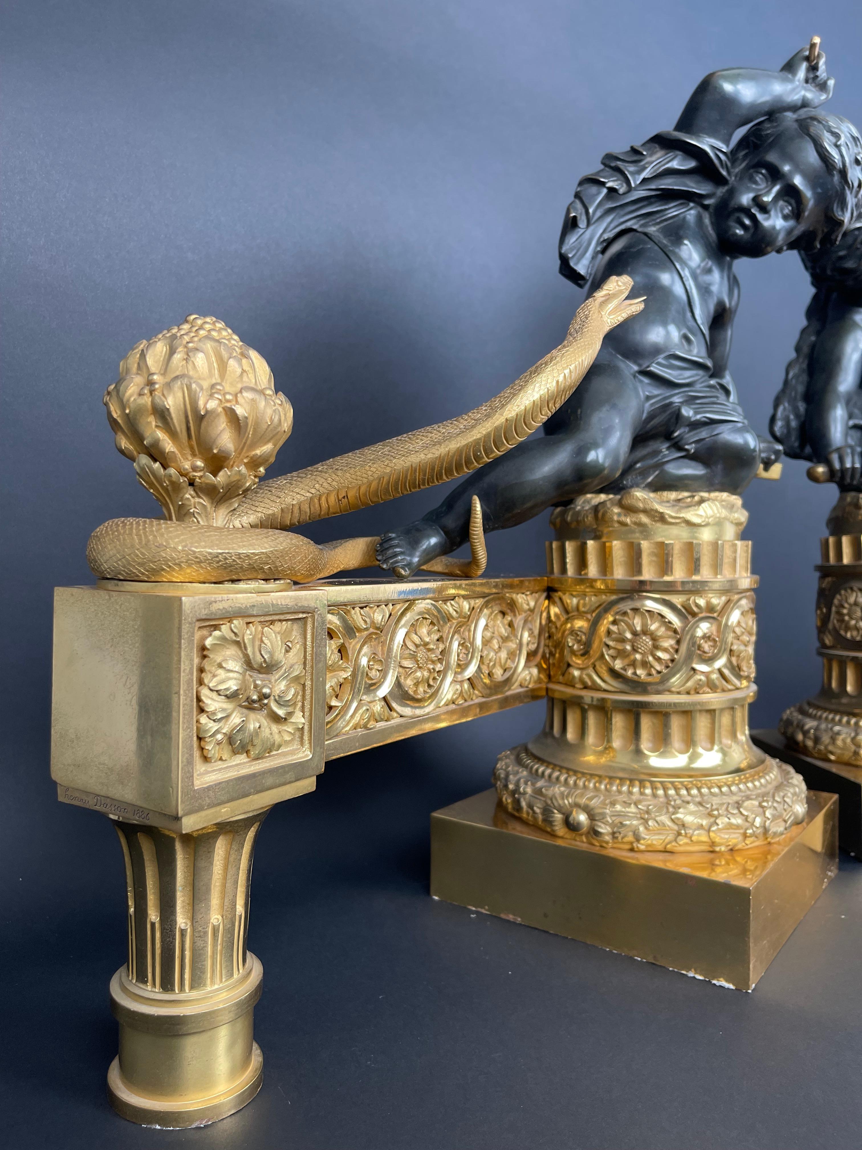 A Large Pair Of Ormolu & Patinated Bronze Chenets By Henry Dasson For Sale 1