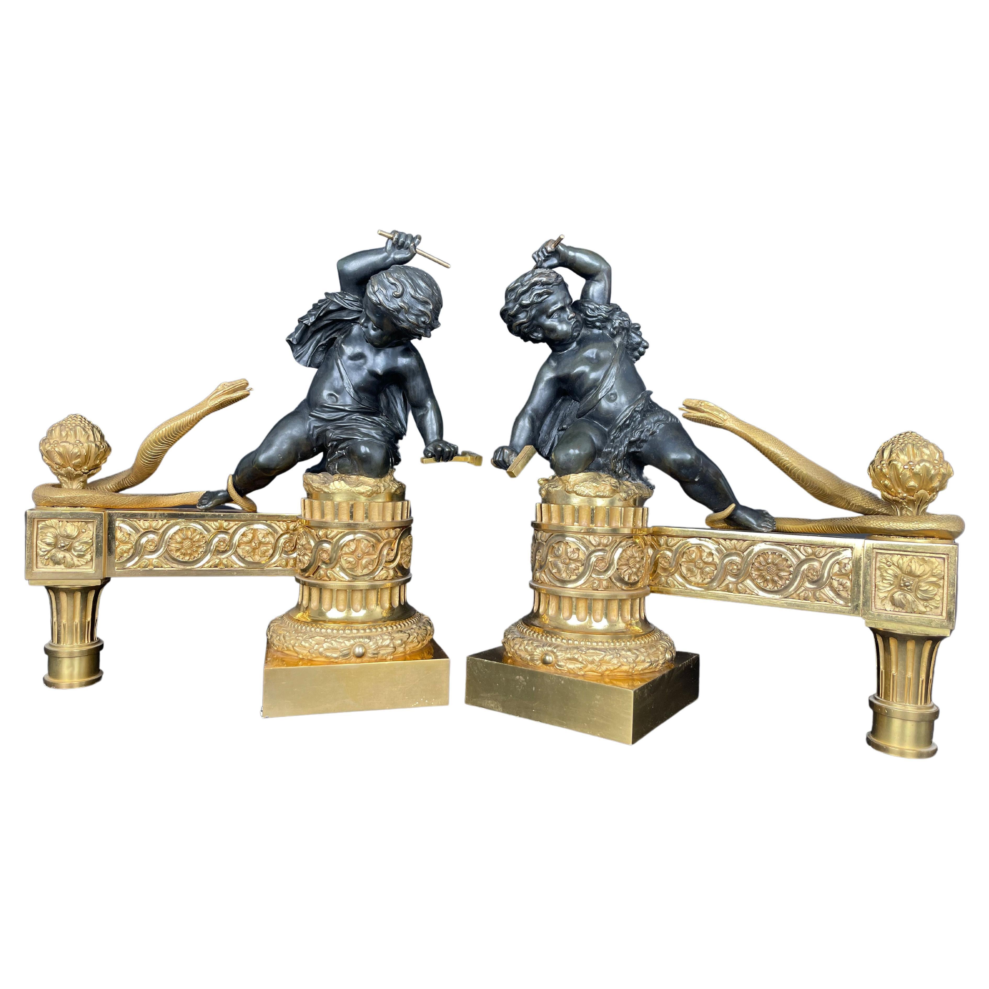 A Large Pair Of Ormolu & Patinated Bronze Chenets By Henry Dasson For Sale