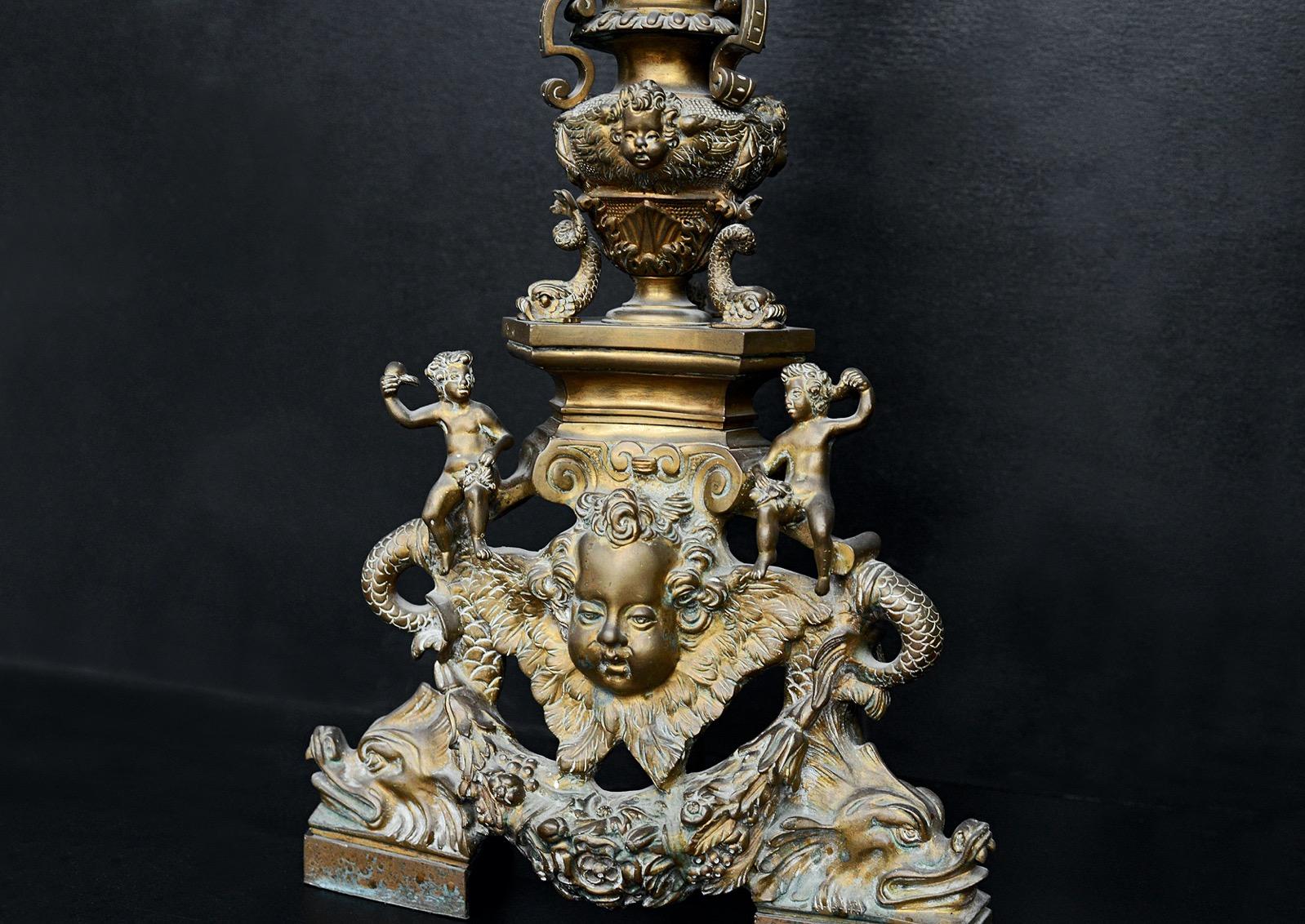 19th Century Large Pair of Ornate Brass Andirons For Sale