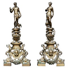 Large Pair of Ornate Brass Andirons