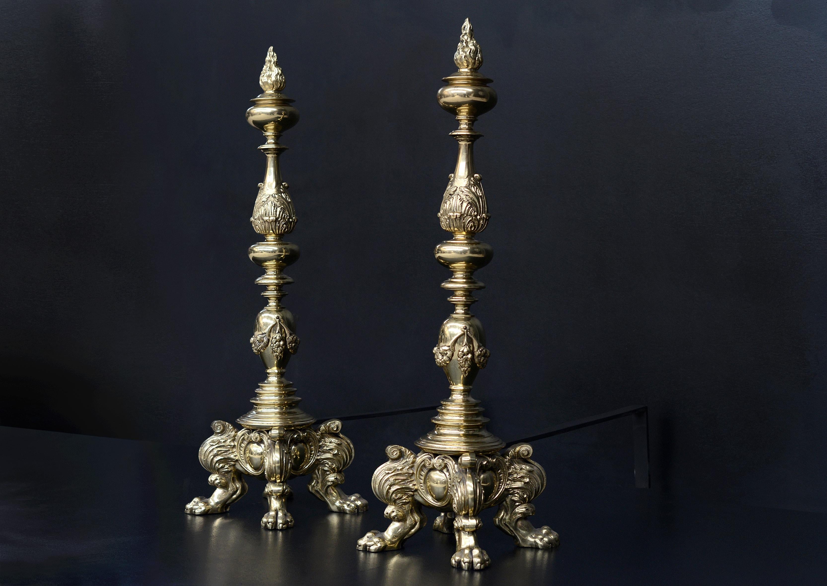 18th Century Large Pair of Ornate Brass Firedogs For Sale