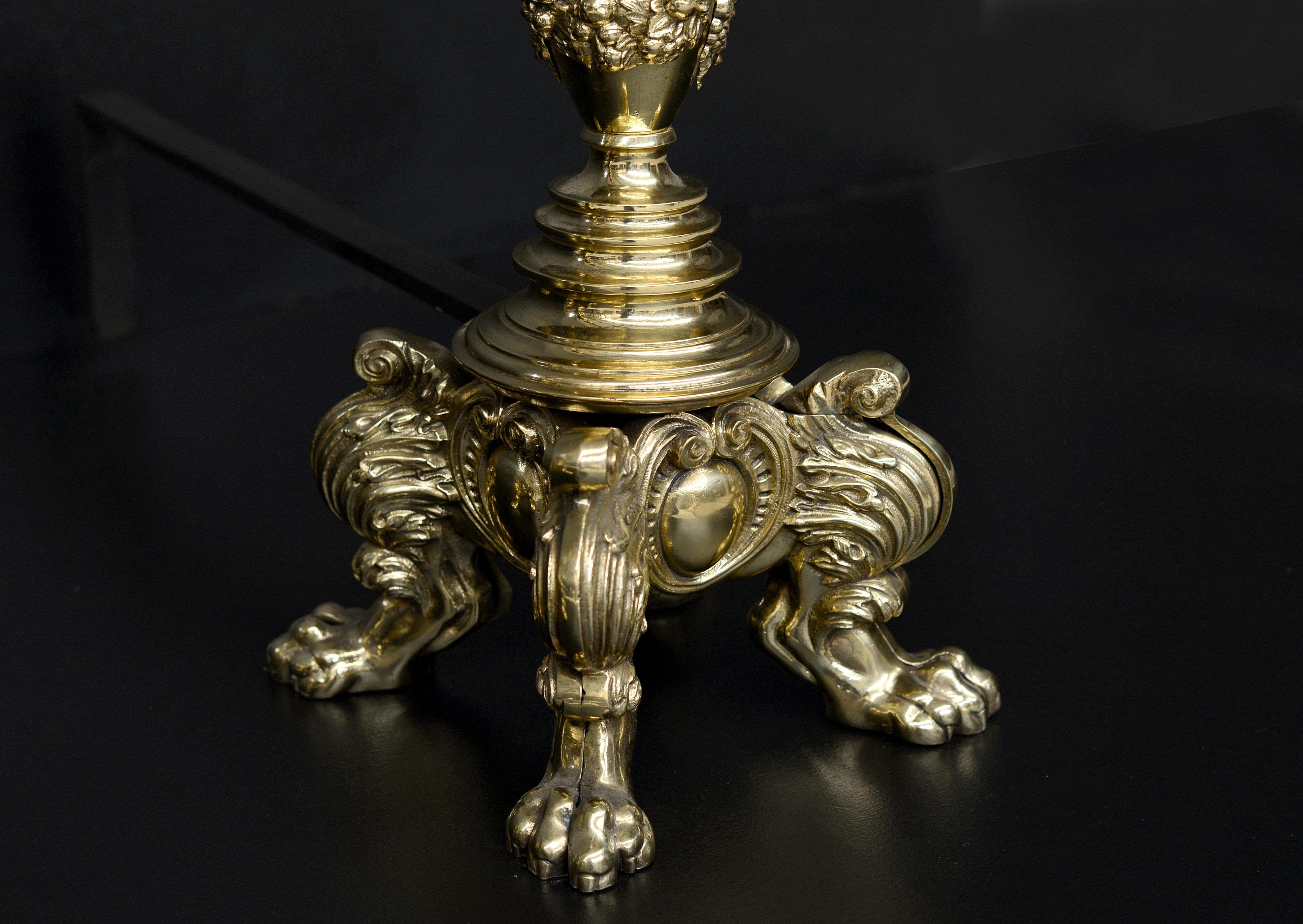 Large Pair of Ornate Brass Firedogs For Sale 1