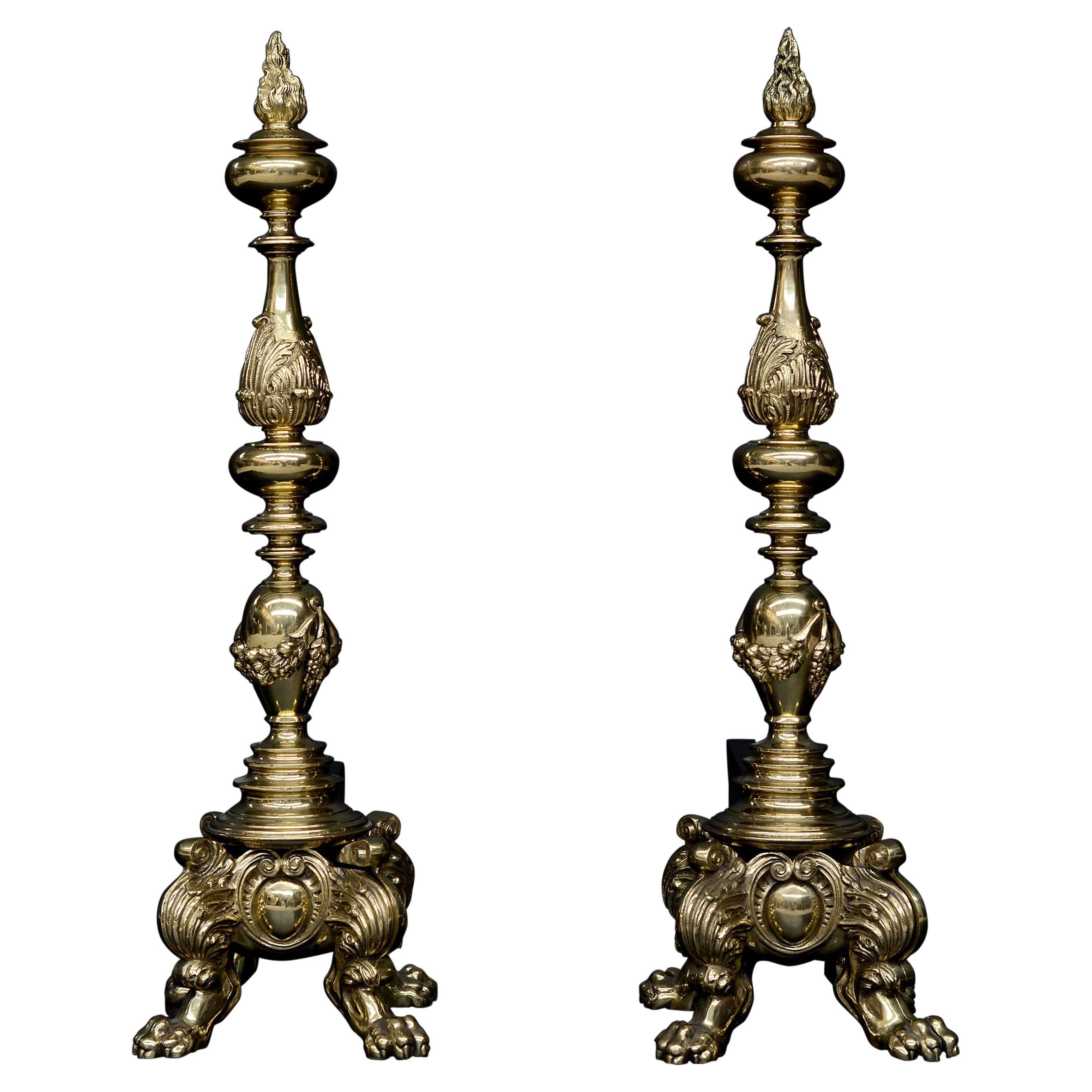 Large Pair of Ornate Brass Firedogs For Sale