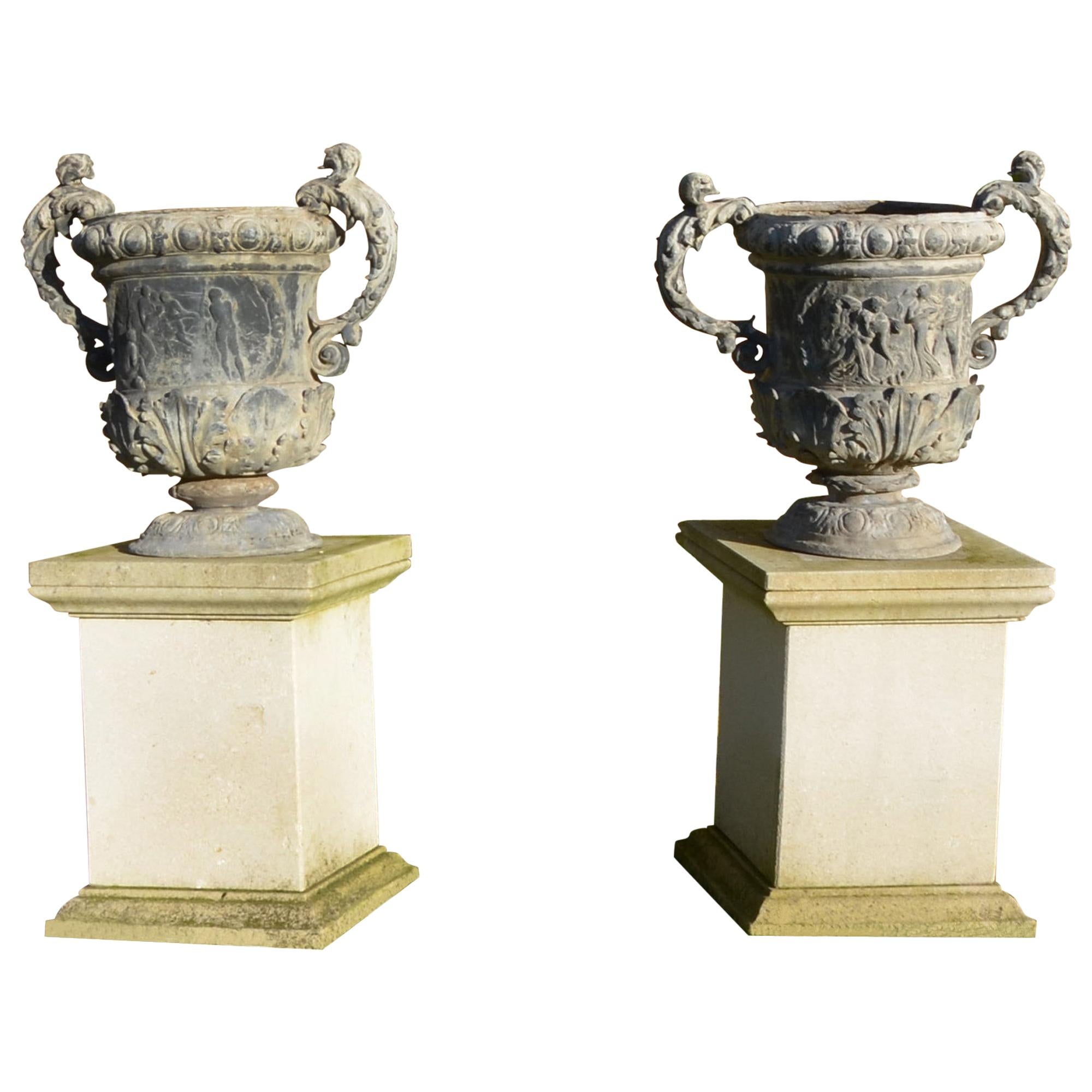 Large Pair of Ornate Lead Urns