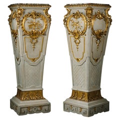 Antique A Large Pair of Parcel-Gilt and Grey Painted Pedestals