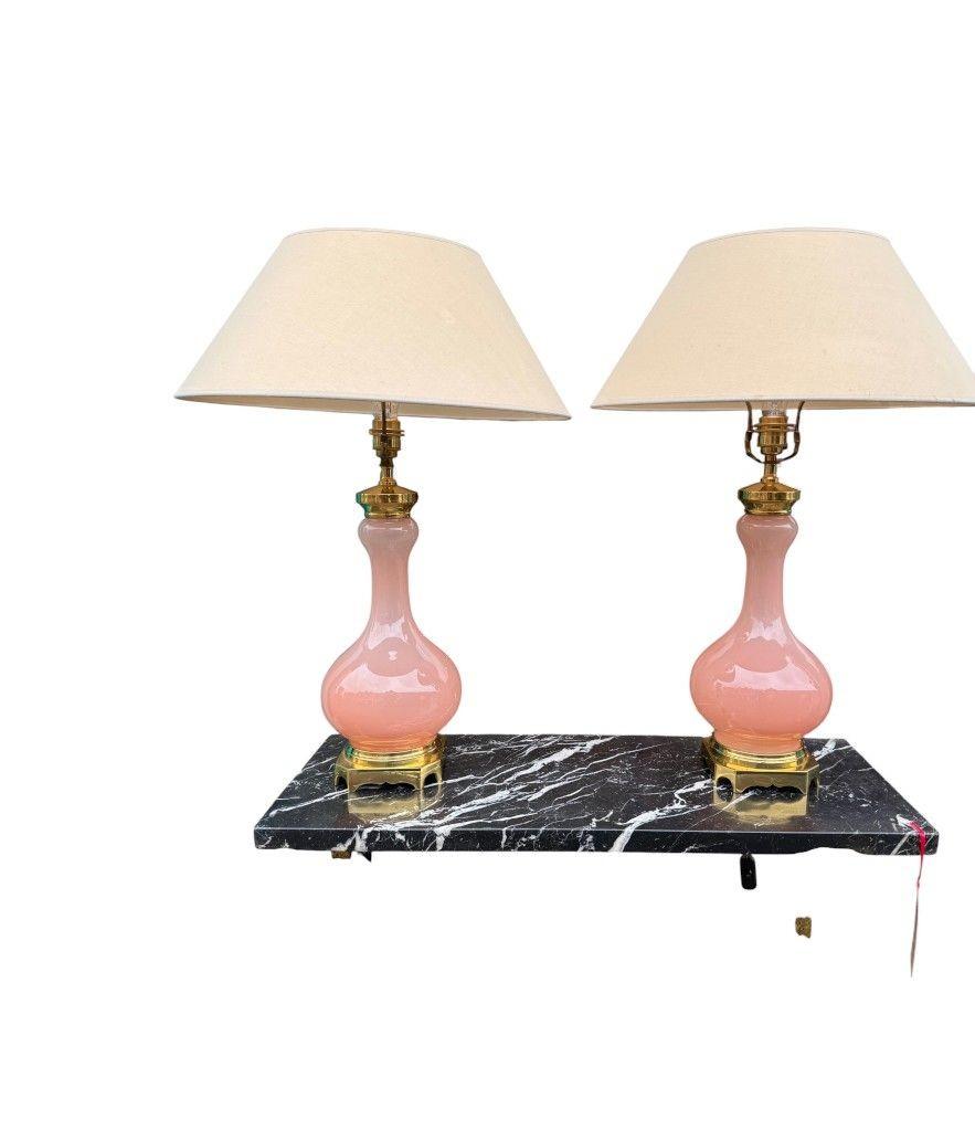 Paire de lampes Paul Hanson des années 1950 avec des bases en verre opalin rose de Murano en vente 6