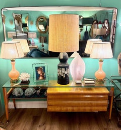 A large pair of Paul Hanson 1950s lamps with pink Murano opaline glass bases