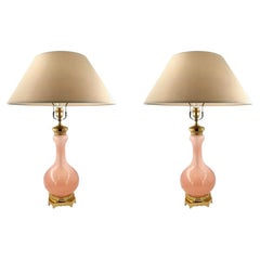 A large pair of Paul Hanson 1950s lamps with pink Murano opaline glass bases
