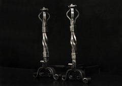 Large Pair of Polished Wrought Iron Firedogs
