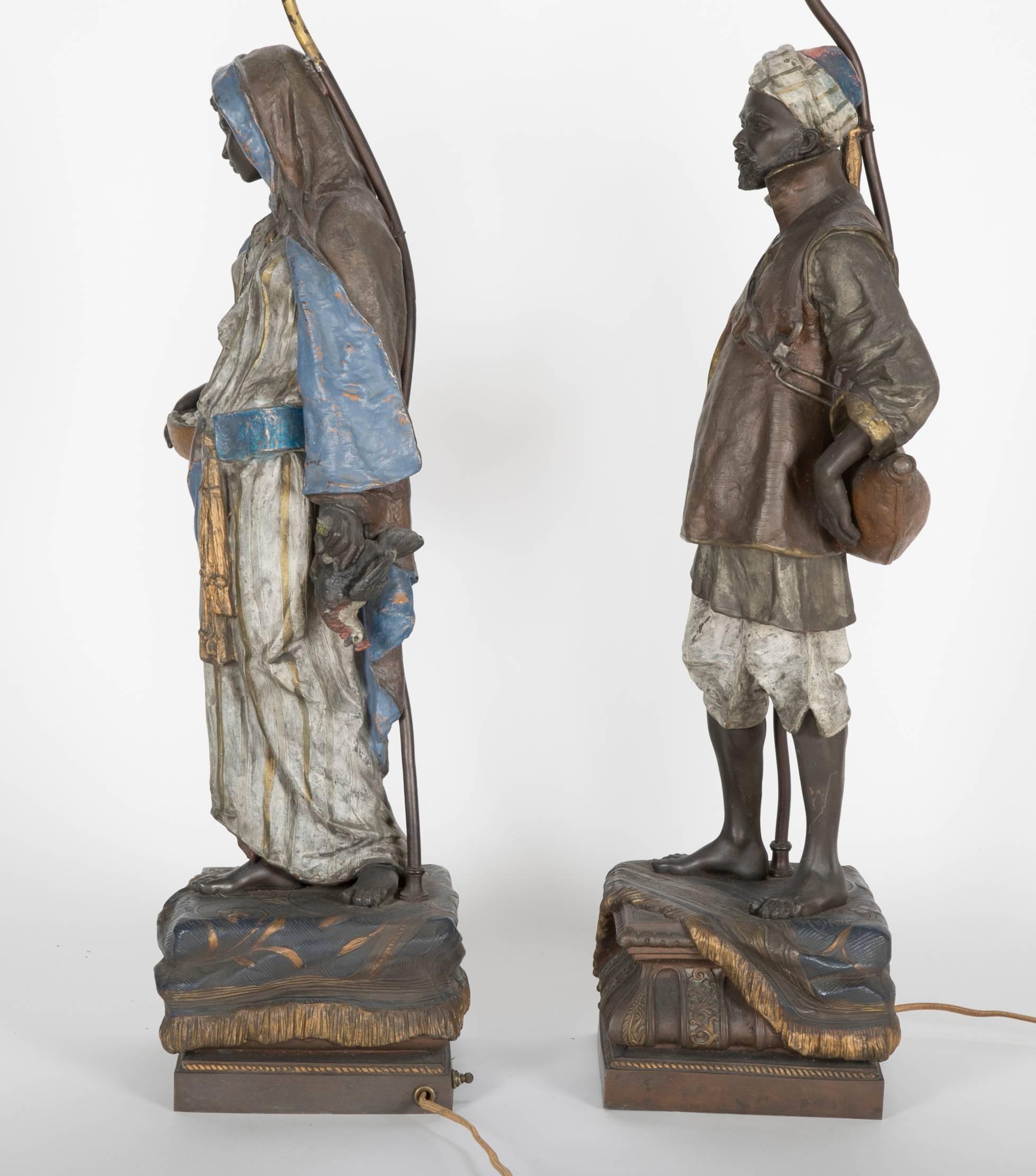 Large Pair of Polychrome Viennese Orientalist Cold Painted Spelter Lamps For Sale 4