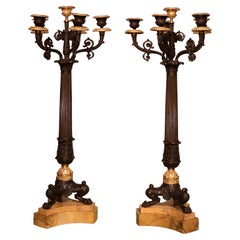 Antique A large pair of Regency period six light candleabra