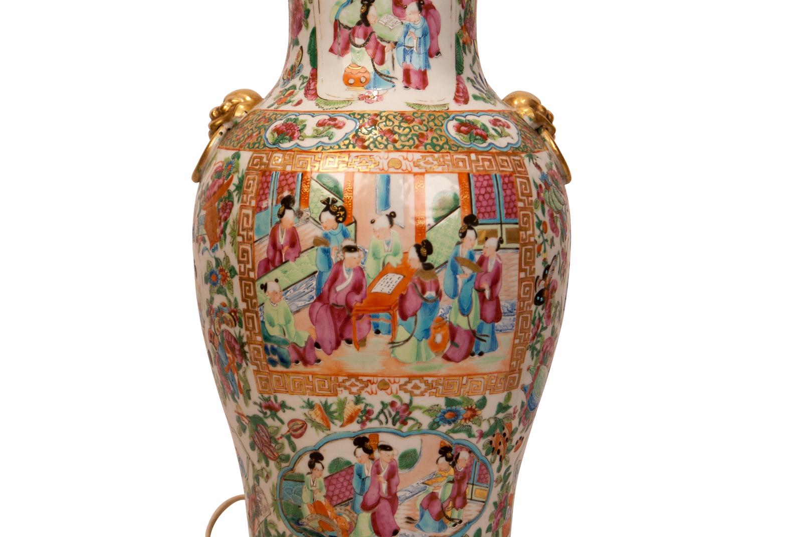 Chinese Export Large Pair of Rose Medallion Vases, Later Mounted as Lamps, China, circa 1850