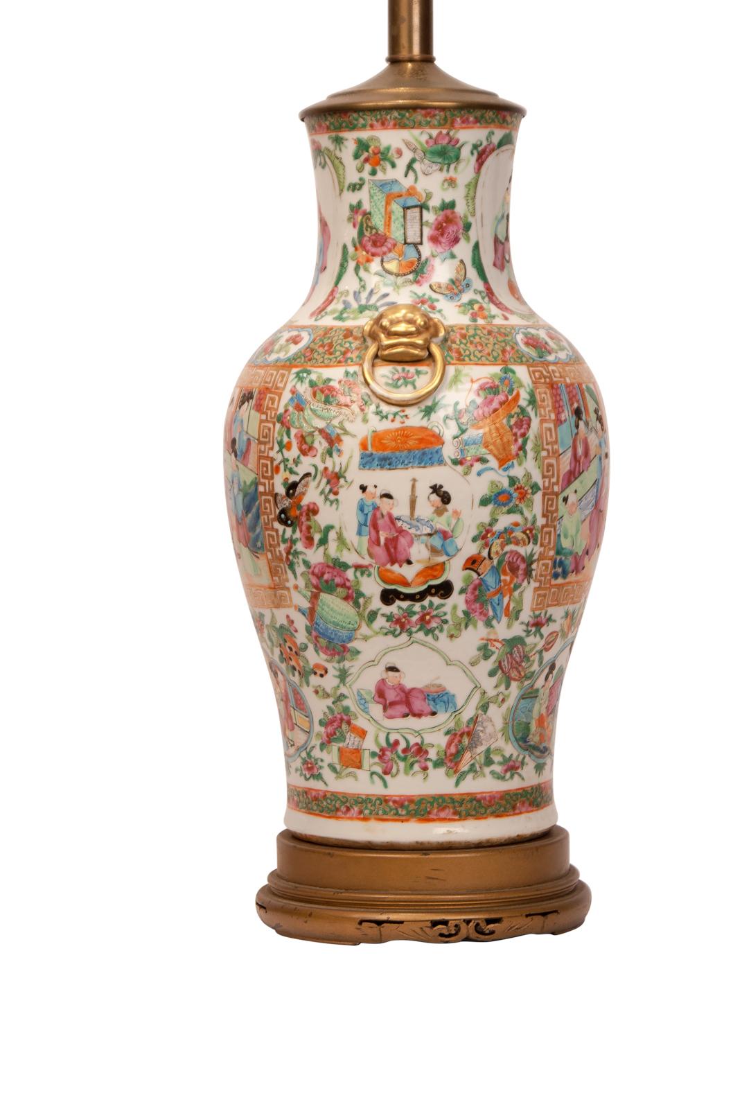 19th Century Large Pair of Rose Medallion Vases, Later Mounted as Lamps, China, circa 1850