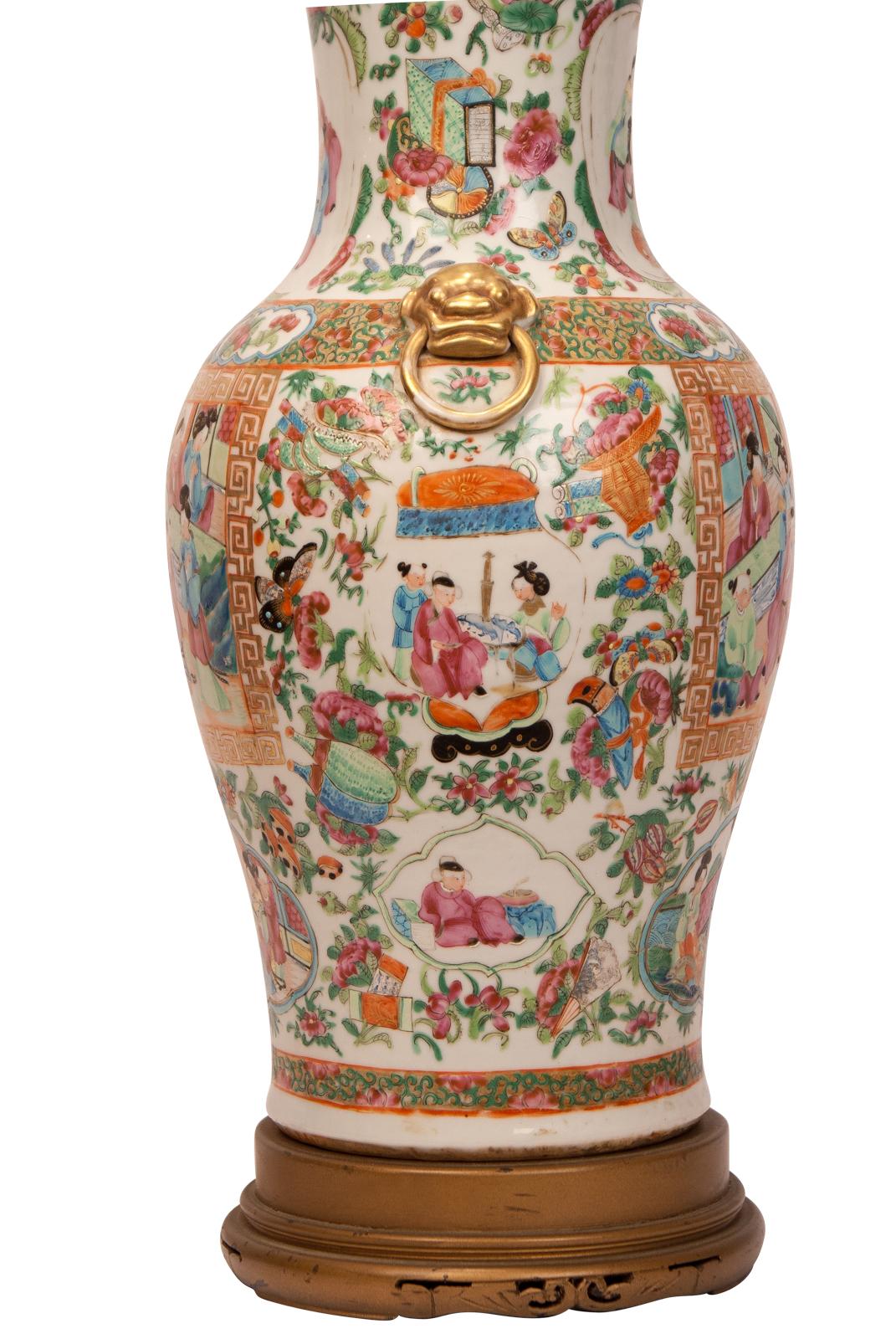 Porcelain Large Pair of Rose Medallion Vases, Later Mounted as Lamps, China, circa 1850