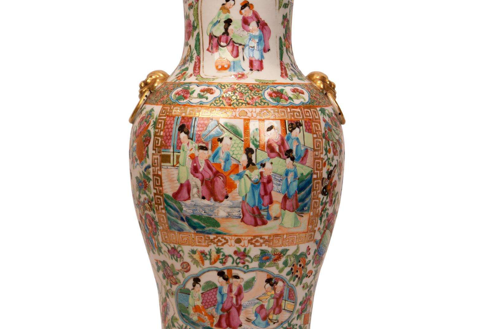 Large Pair of Rose Medallion Vases, Later Mounted as Lamps, China, circa 1850 2