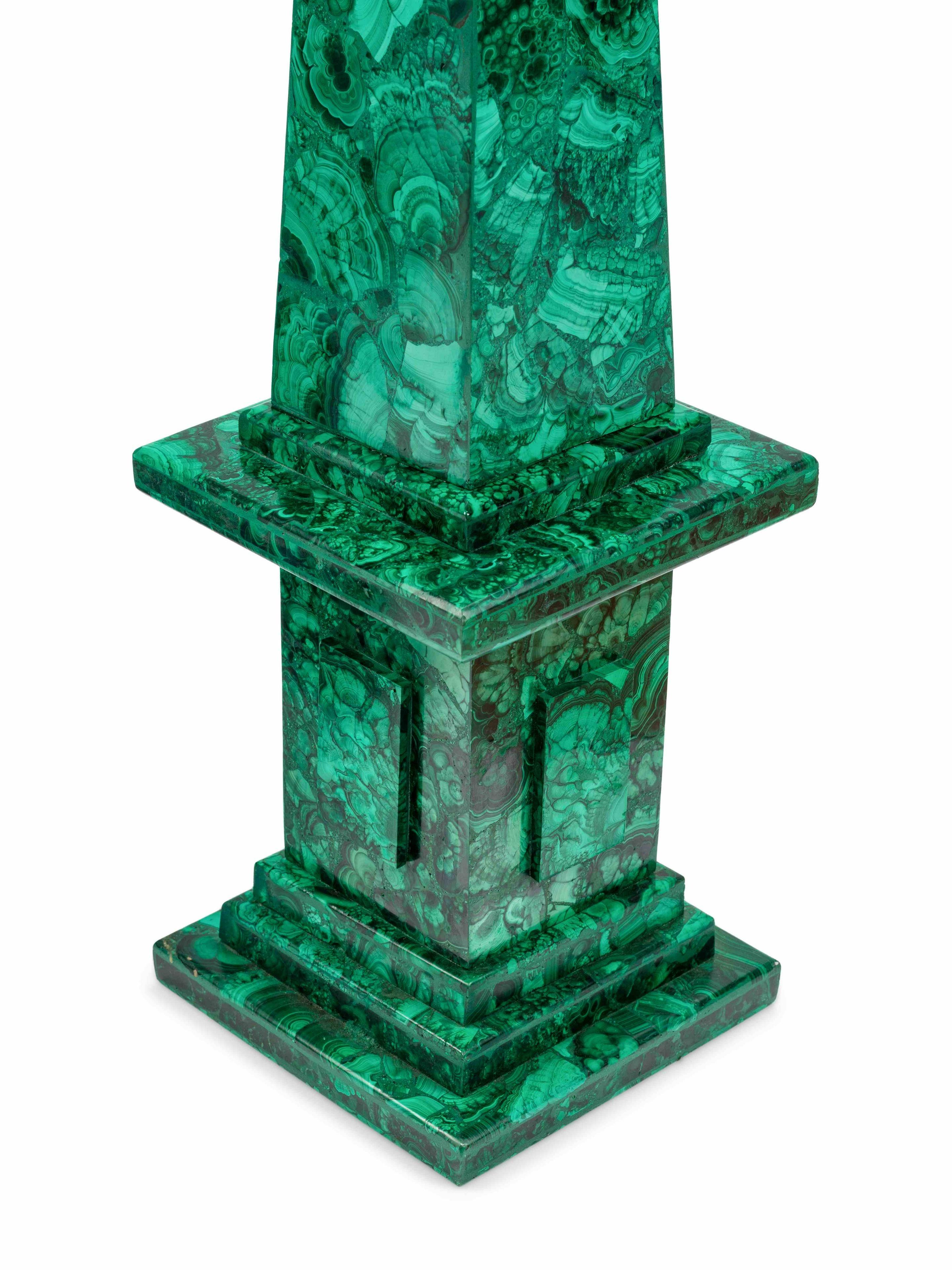 A beautiful pair of early 20th century Russian malachite obelisks.