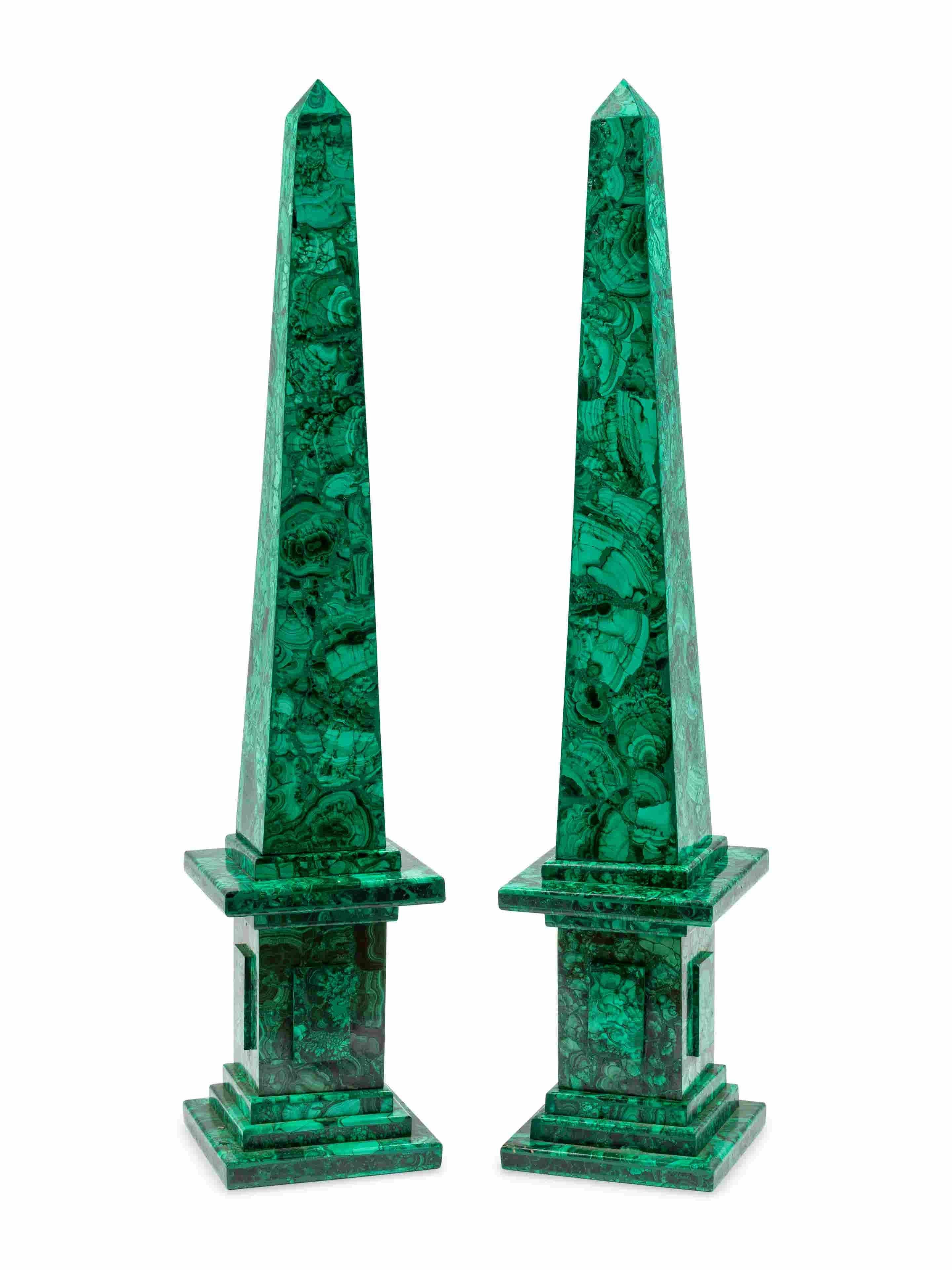 Baltic Large Pair of Russian Malachite Obelisks, Early 20th Century