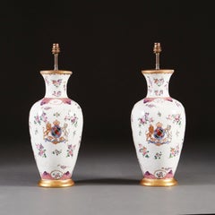 Large Pair of Samson Armorial Vases as Table Lamps with Giltwood Bases